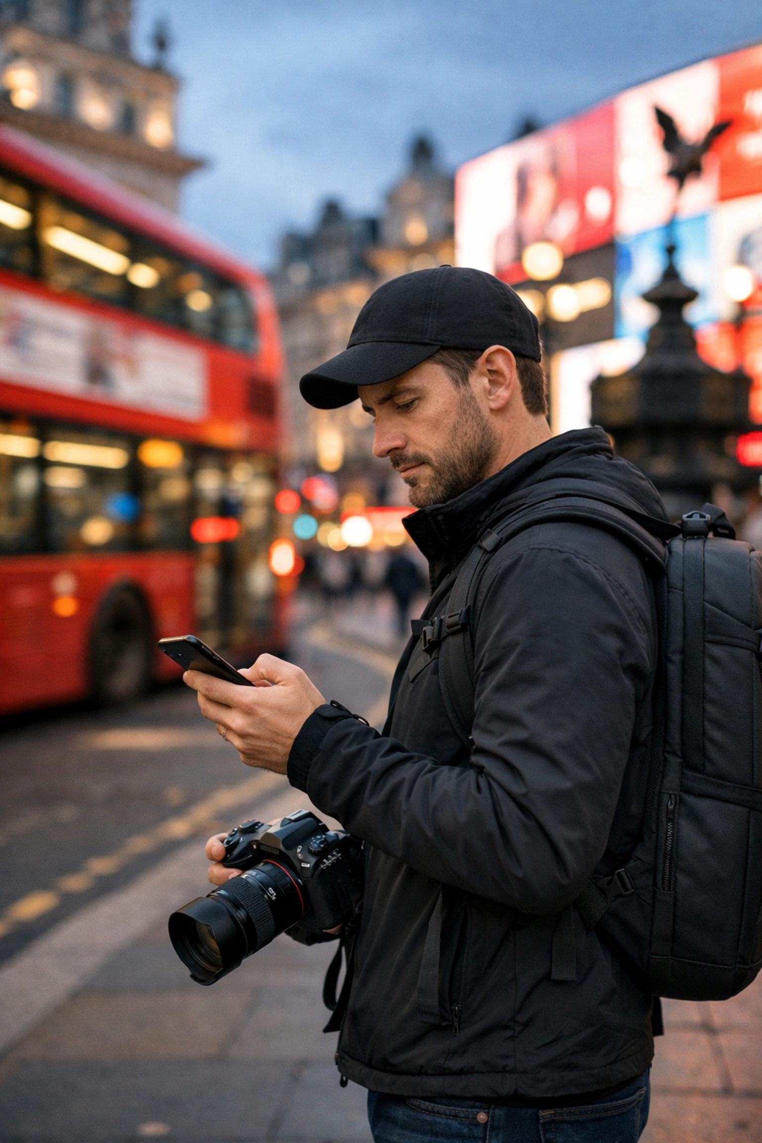 Professional photographer in London checking their phone to find photography work in a new city.