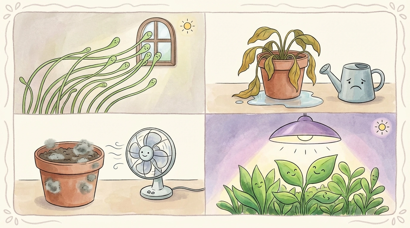 Split-panel storybook cartoon showing common indoor plant issues and simple fixes