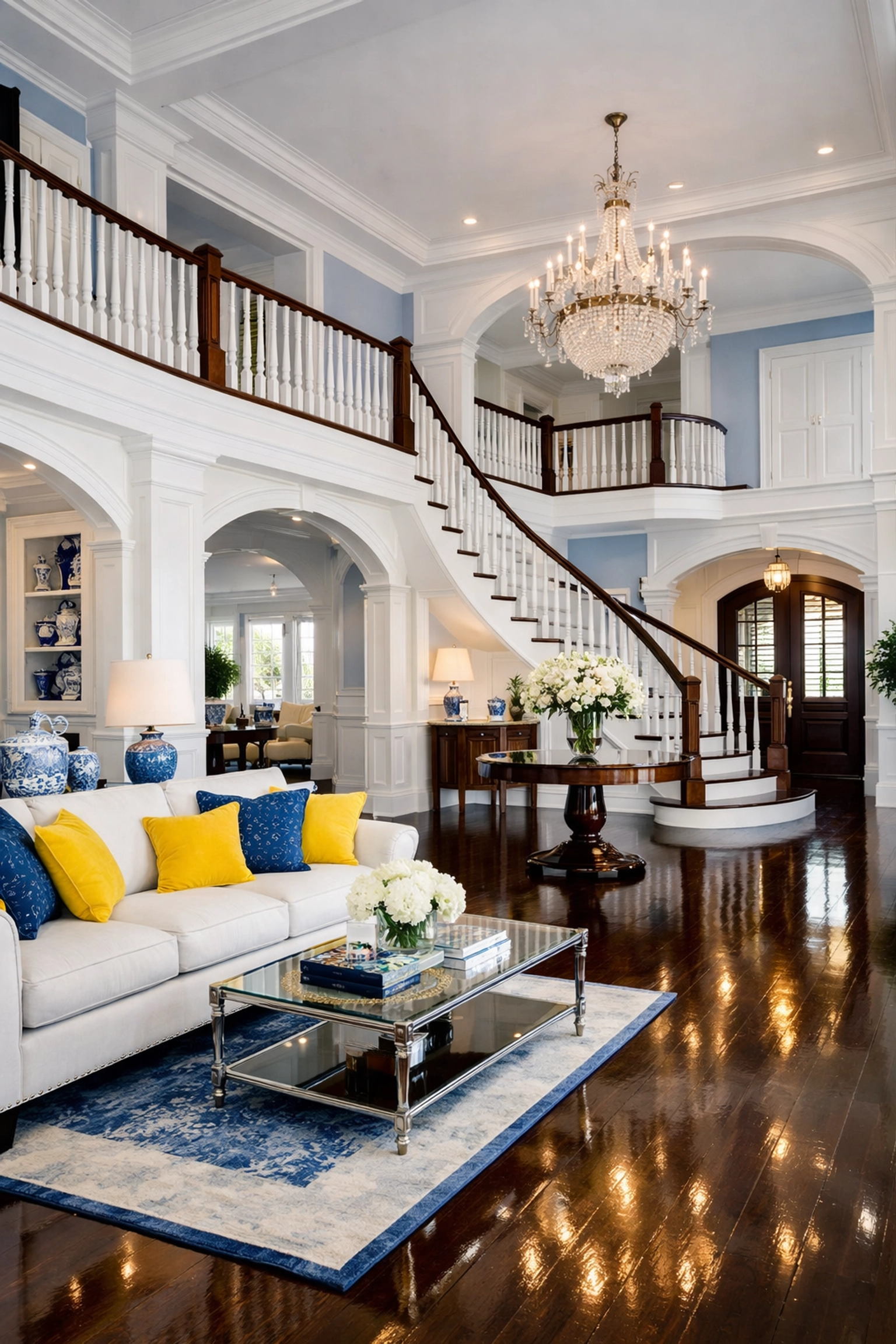 Professionally cleaned grand foyer and living room in a Lunenburg estate with gleaming hardwood floors.