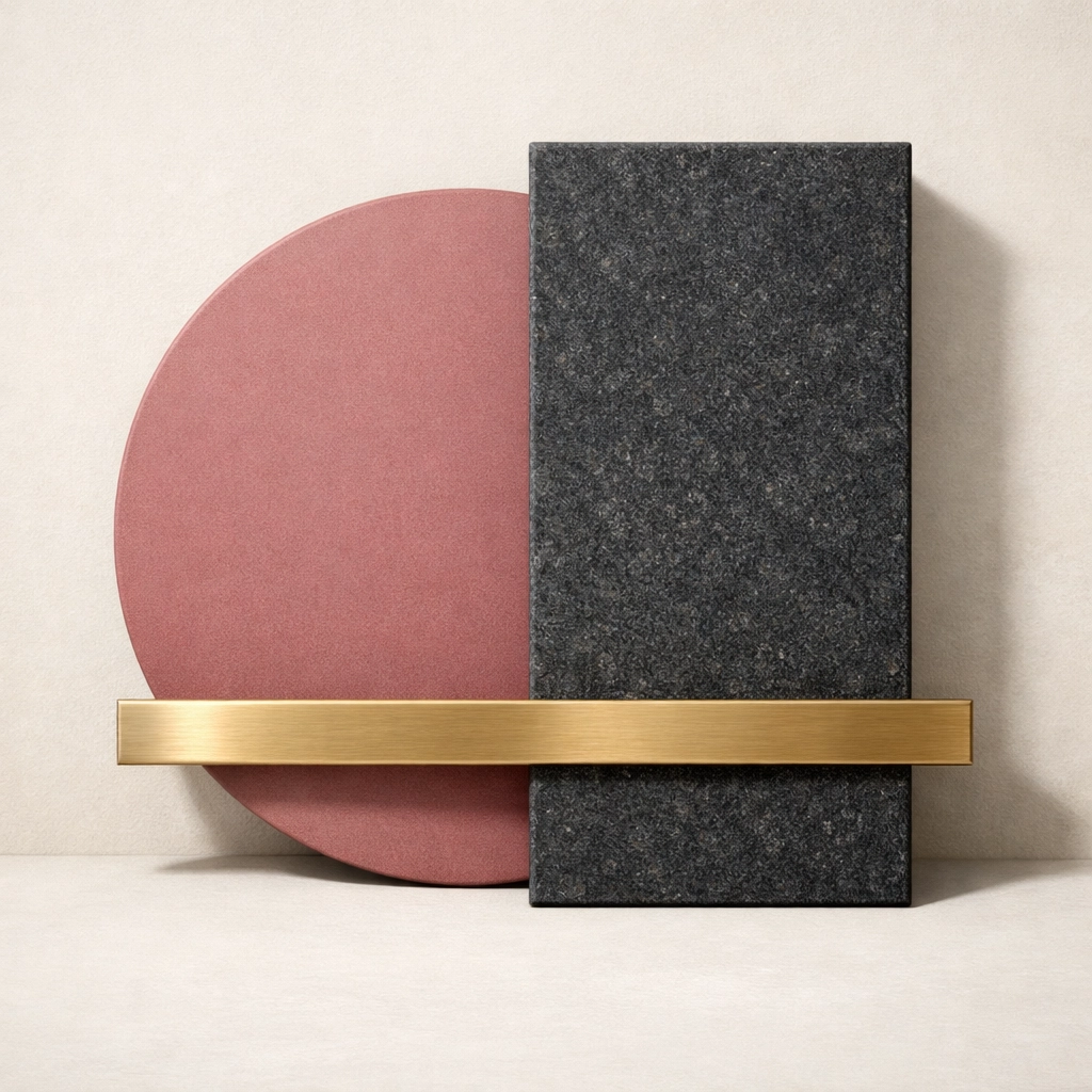 Layered geometric shapes in rose and charcoal showing depth in modern minimalist web design services.