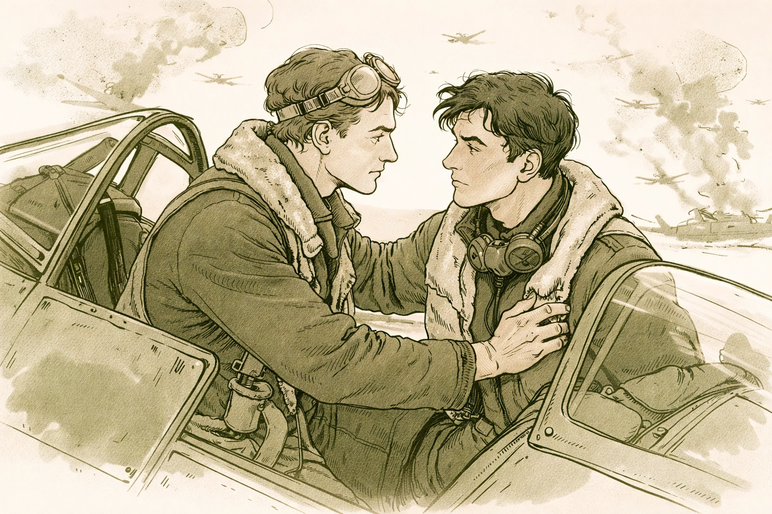 Exhausted RAF pilots share an intimate, grateful moment after a dogfight, highlighting trust and love amidst the chaos of World War II.