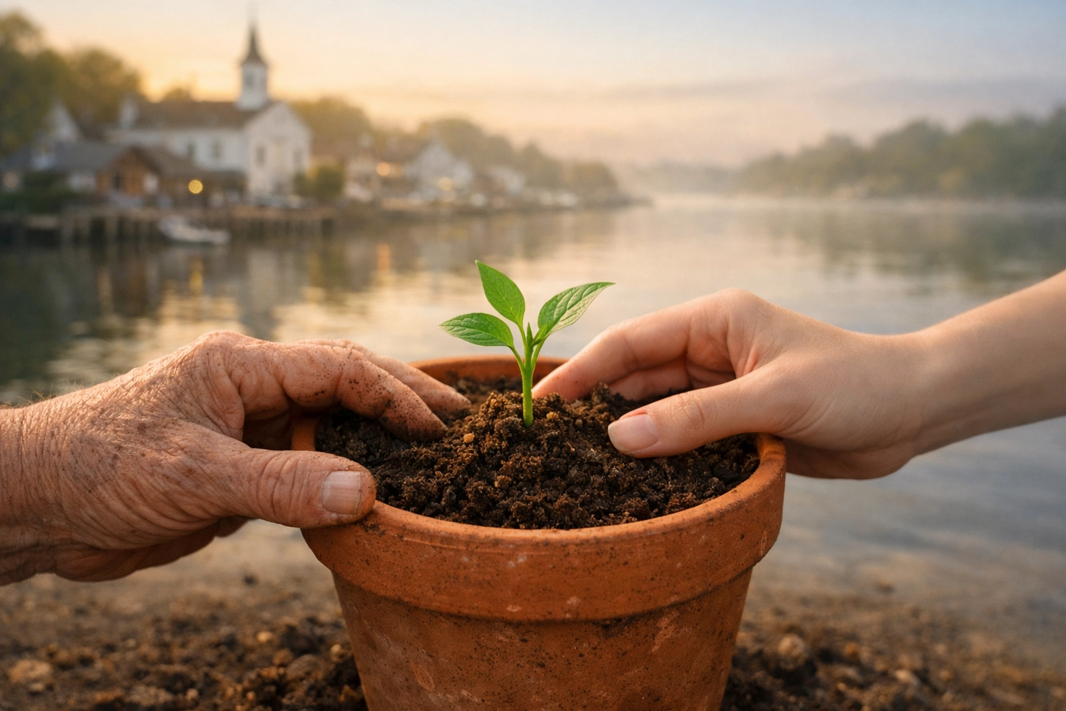 Two sets of hands planting a green seedling in soil, symbolizing church planting and new faith in Minnesota.