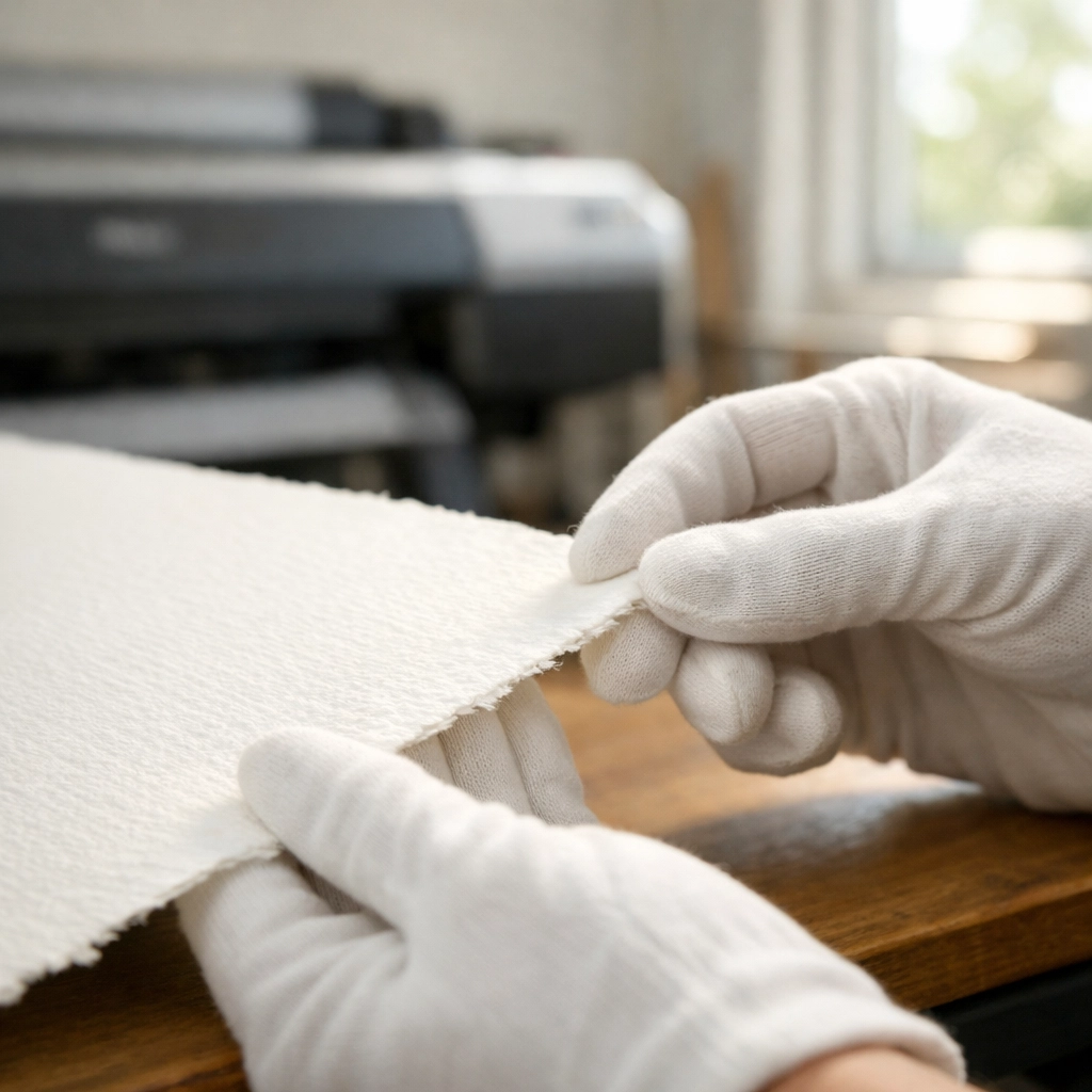 Professional inspection of acid-free archival prints on thick cotton rag fine art paper.