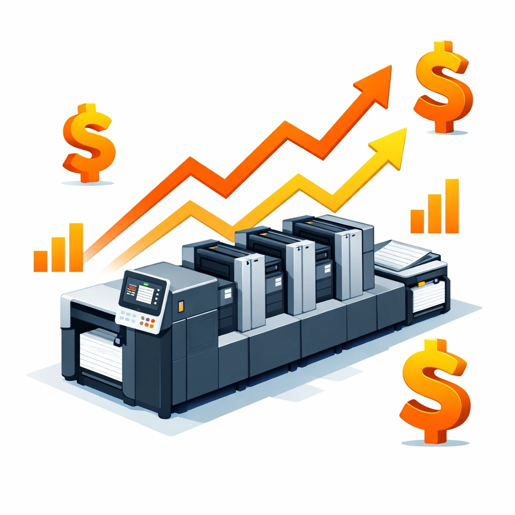 Commercial printing press with rising profit graphs showing industry profitability growth