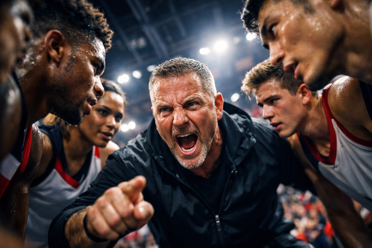 Determined basketball coach leading an intense team huddle to foster leadership and high-performance culture.