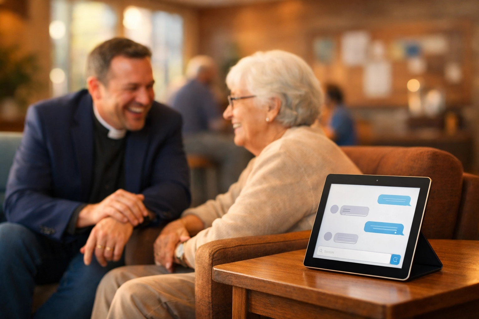 Pastor engaging with a church member while AI automation handles digital tasks on a tablet.