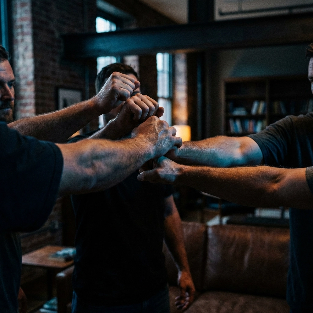 Interlocked hands of men in a dark room, capturing the physical intimacy and group dynamics of gay nightlife.