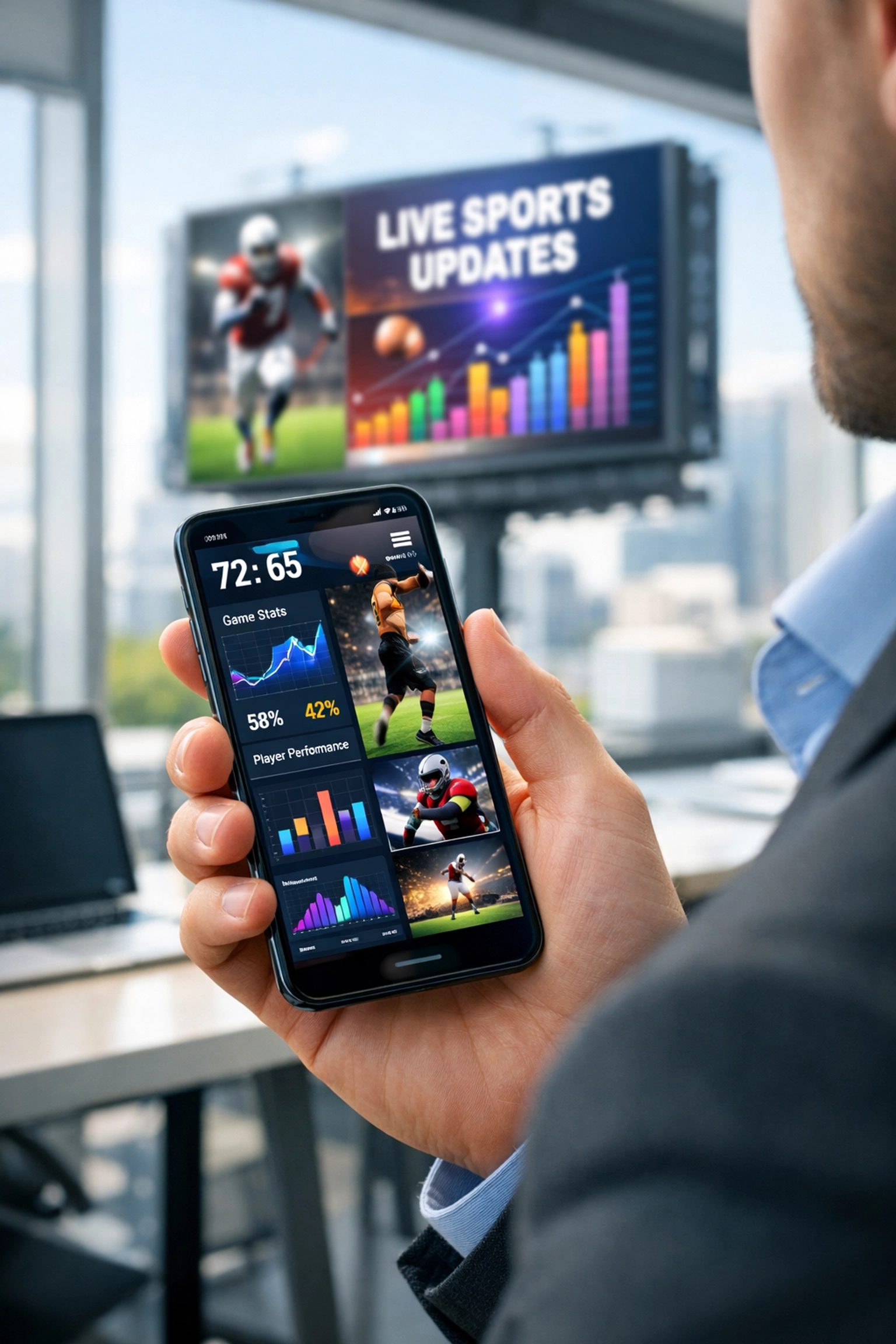 Marketing professional tracking sports analytics on a smartphone near a digital billboard in a modern office.