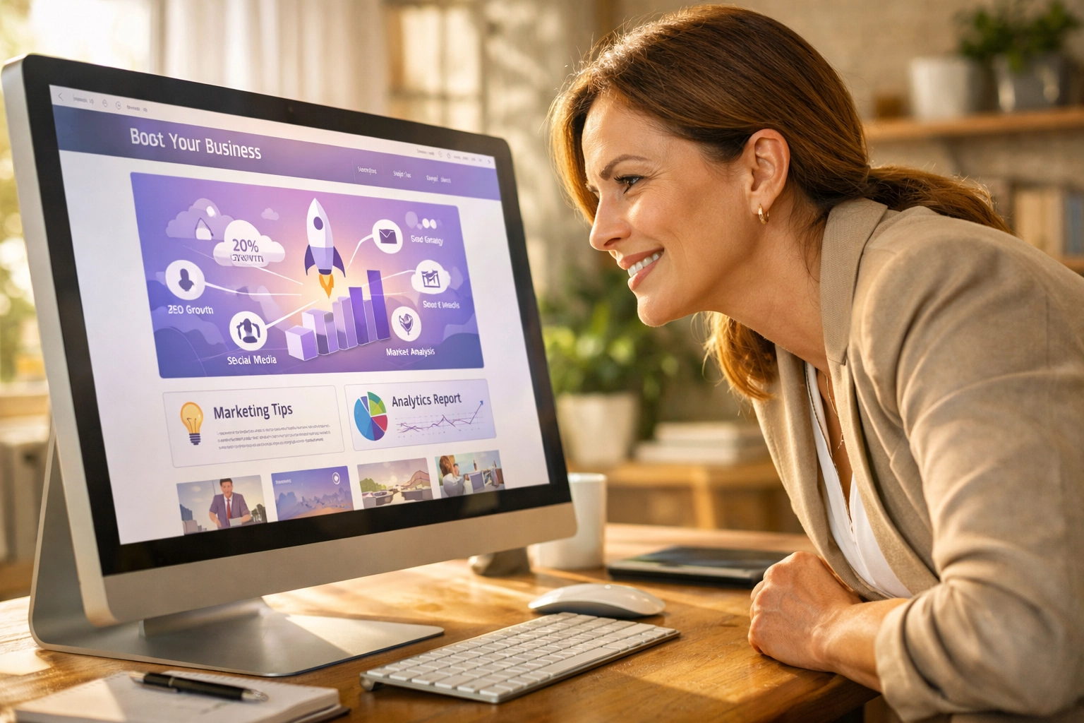 A professional engaging with high-quality website content and infographics to build brand trust.