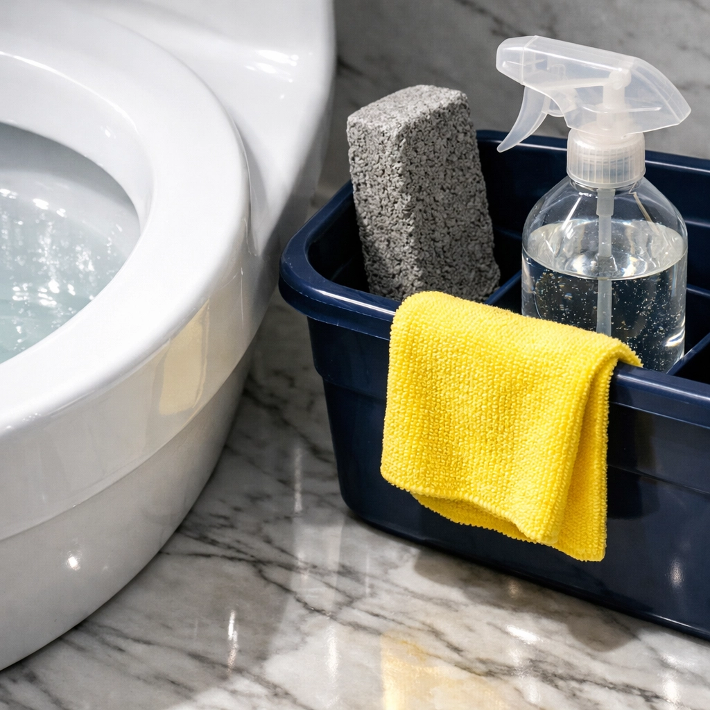 Professional cleaning supplies including a pumice stone used to remove hard water toilet rings.