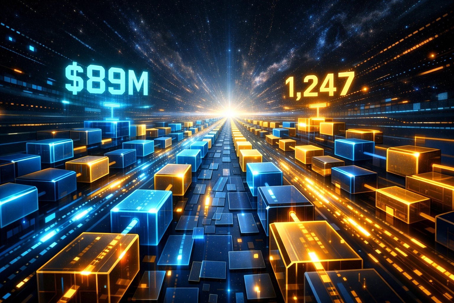 Blockchain transaction highway showing Larecoin's $89M payment processing volume and enterprise growth