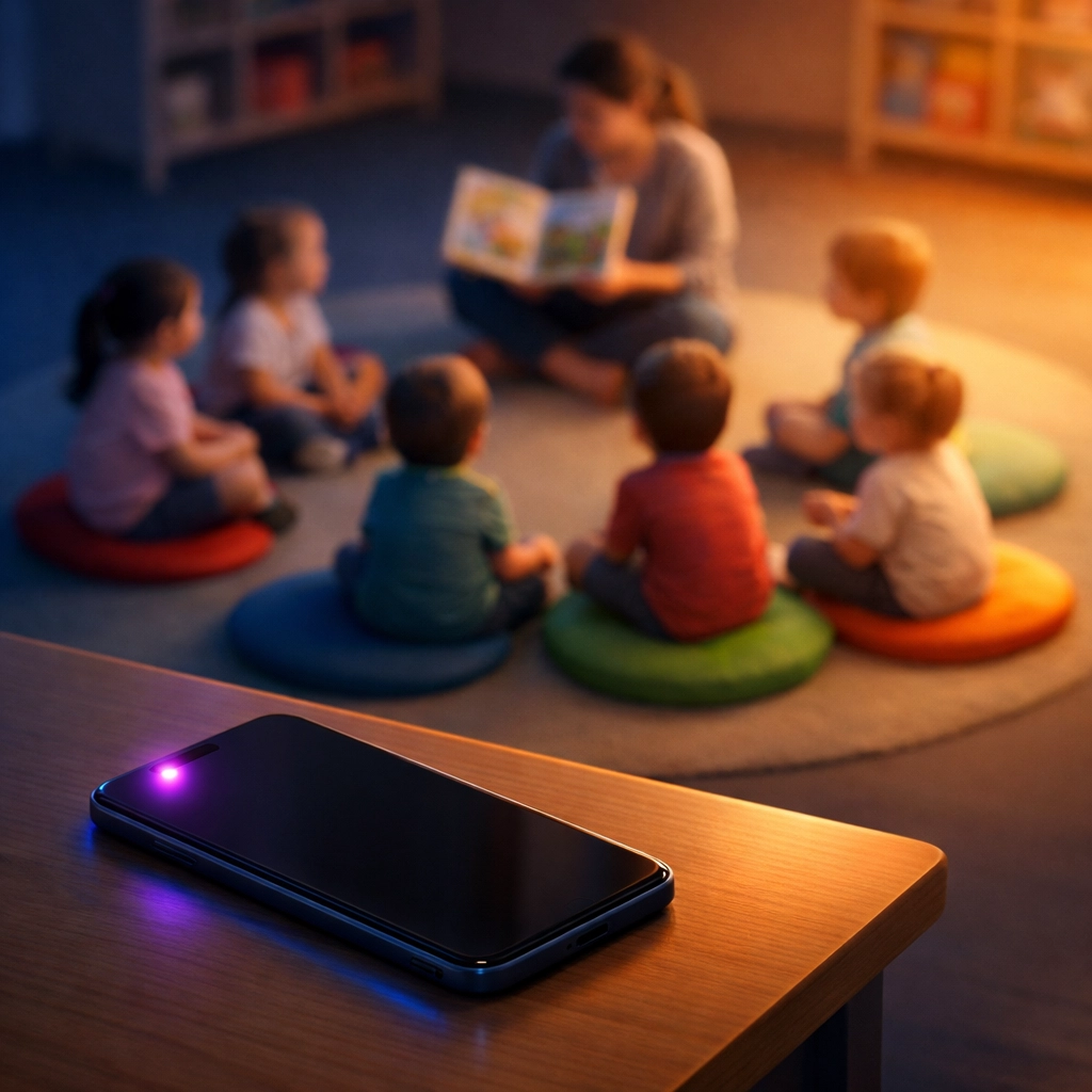 Daycare classroom during circle time with ringing phone on desk showing missed enrollment call