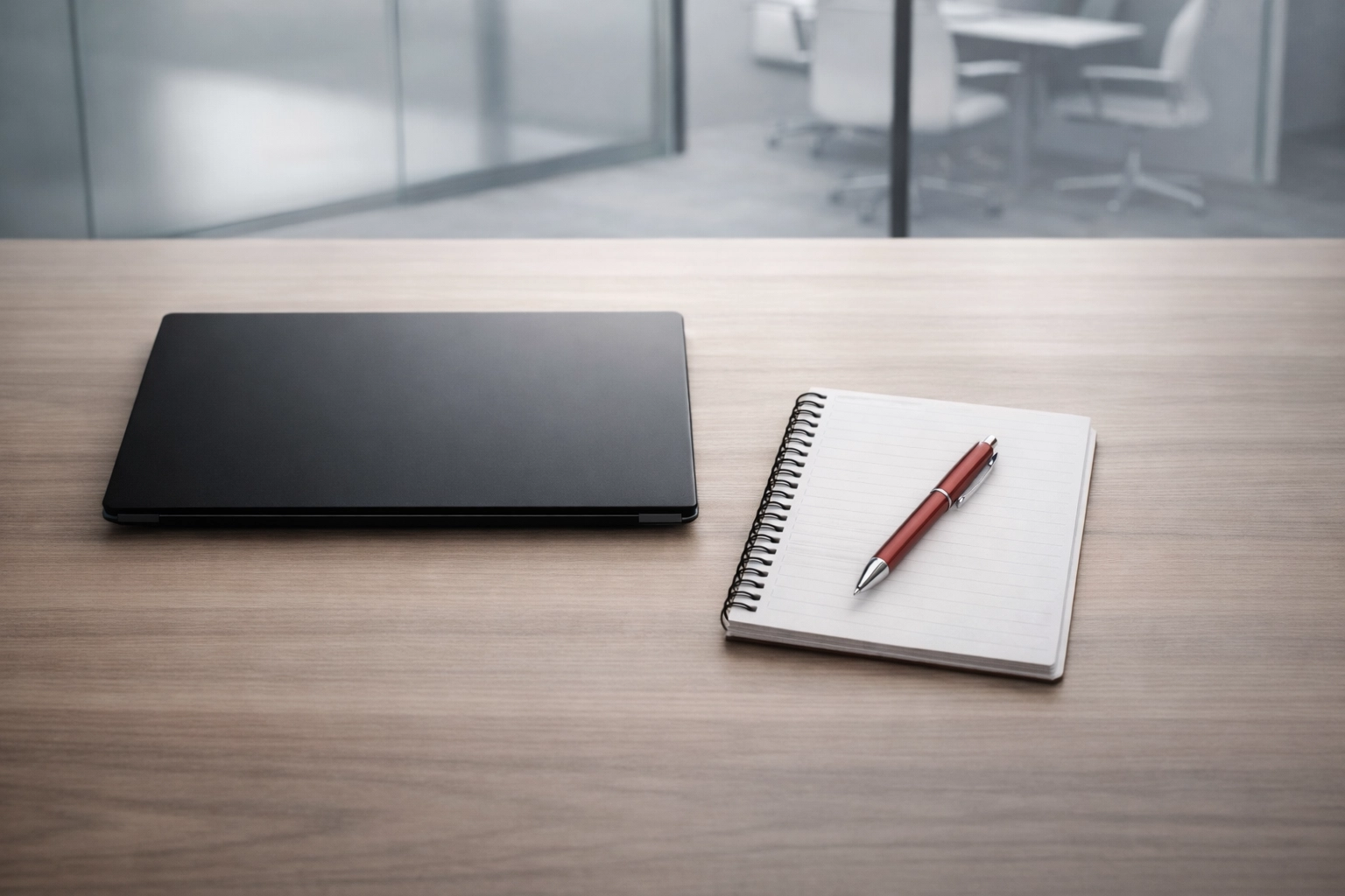 A clean, distraction-free office desk with a closed laptop and notebook for better communication focus.