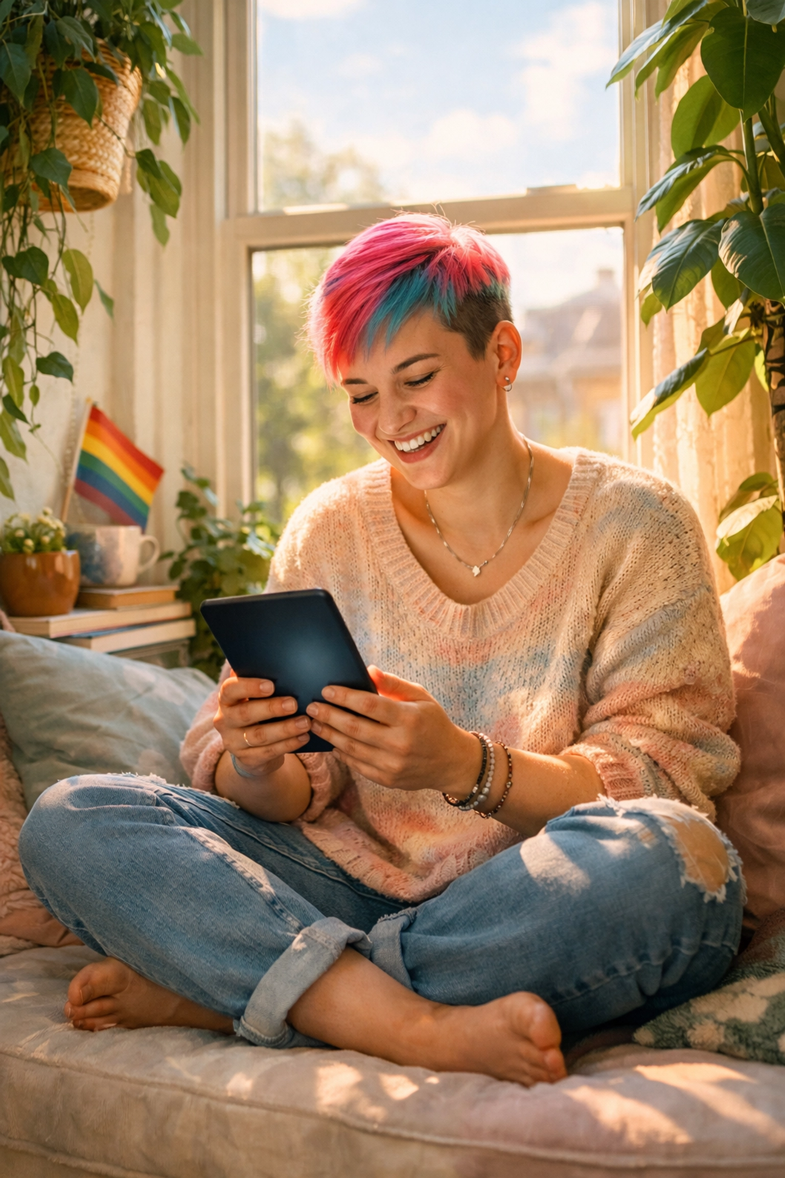 Joyful non-binary reader enjoying an accessible LGBTQ+ ebook in a bright, sun-drenched window nook.