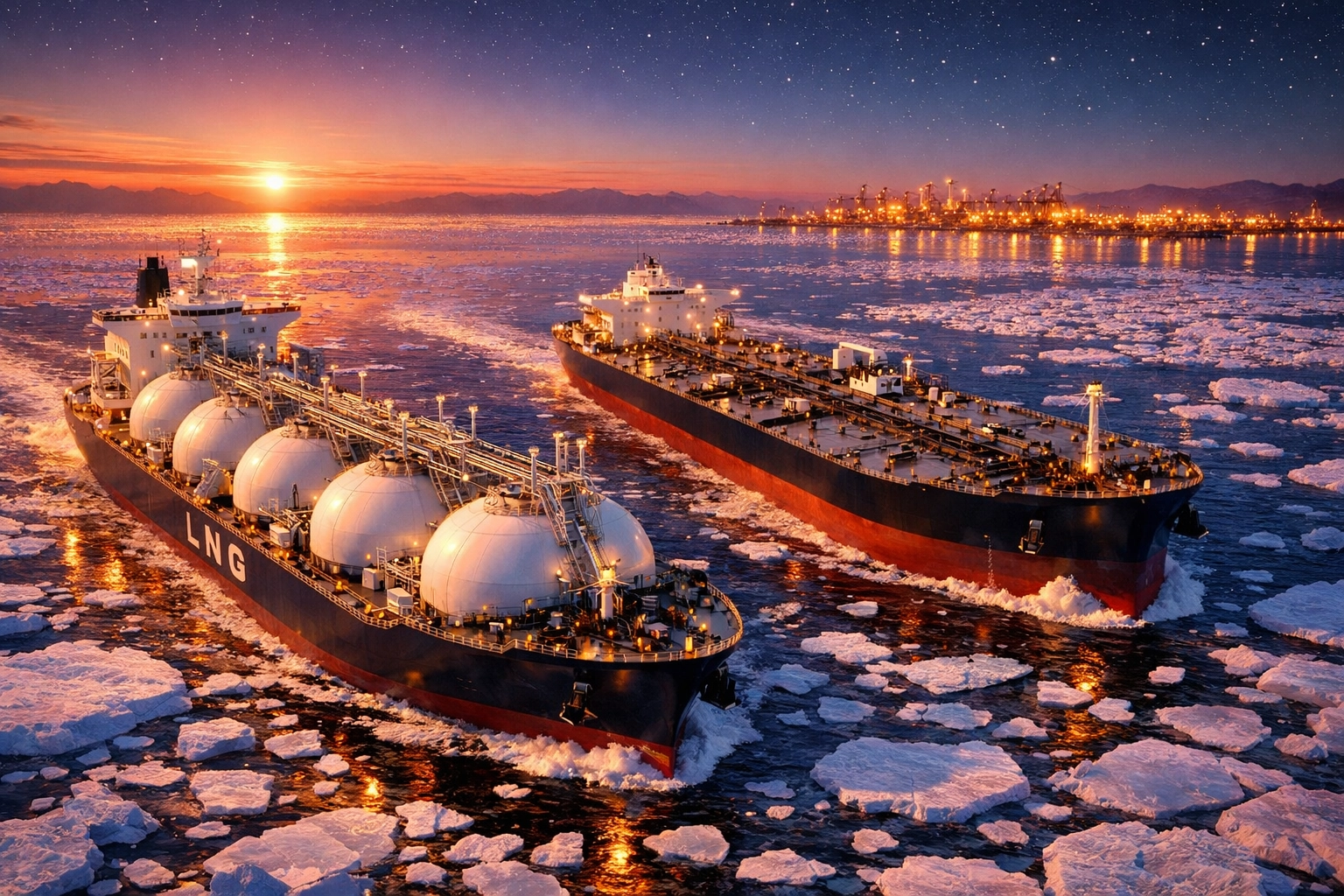 LNG carrier and crude oil tanker illustrating India's resilient energy supply chain with Russia.