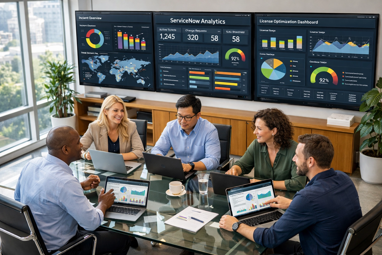 ServiceNow consulting team analyzing license optimization dashboards in IT operations center