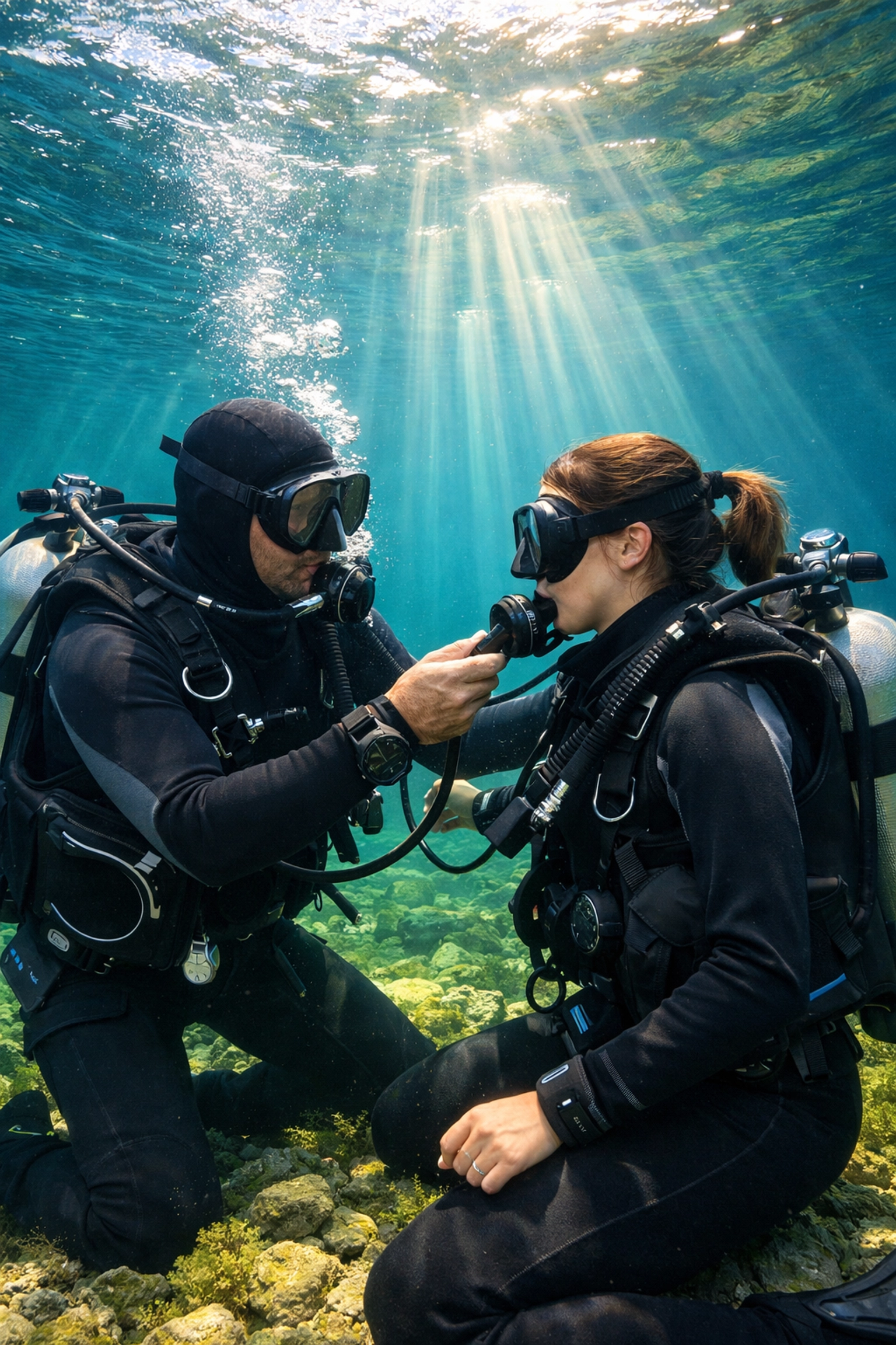 Zwei Taucher üben den Sicherheits-Check im klaren Wasser zur Vorbereitung auf den Rescue Diver Kurs.