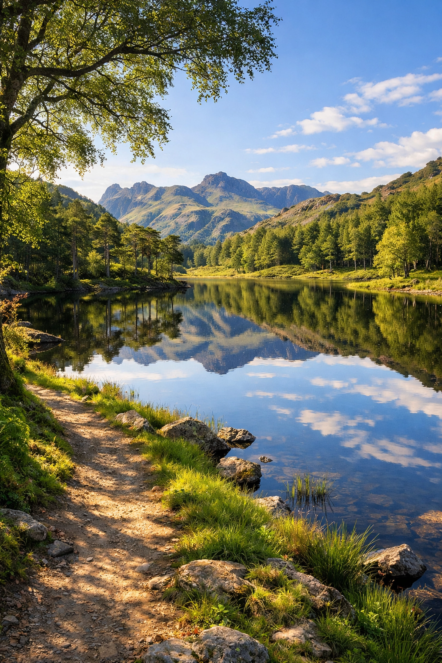 Peaceful Lake District tarn with mountain reflections on easy guided walk route