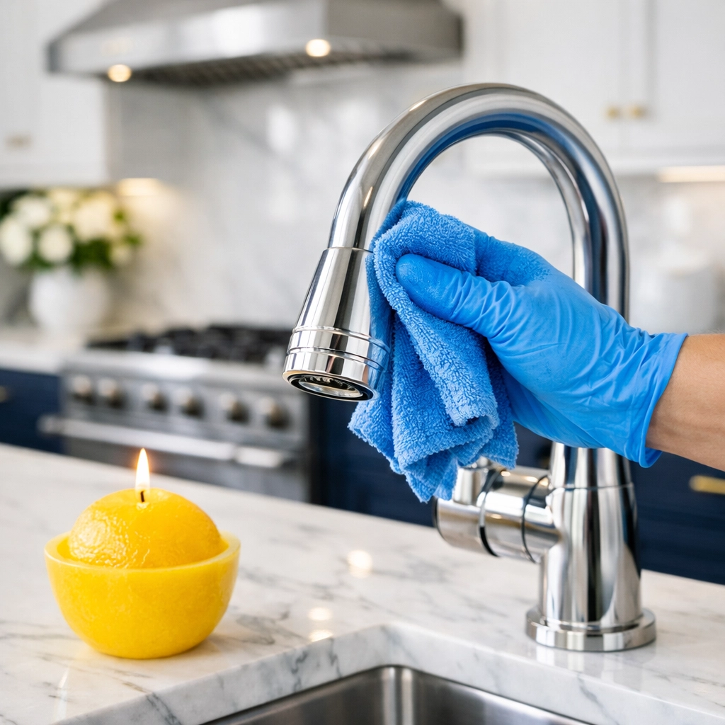 Professional cleaner polishing a kitchen faucet during weekly house cleaning in Marlborough.