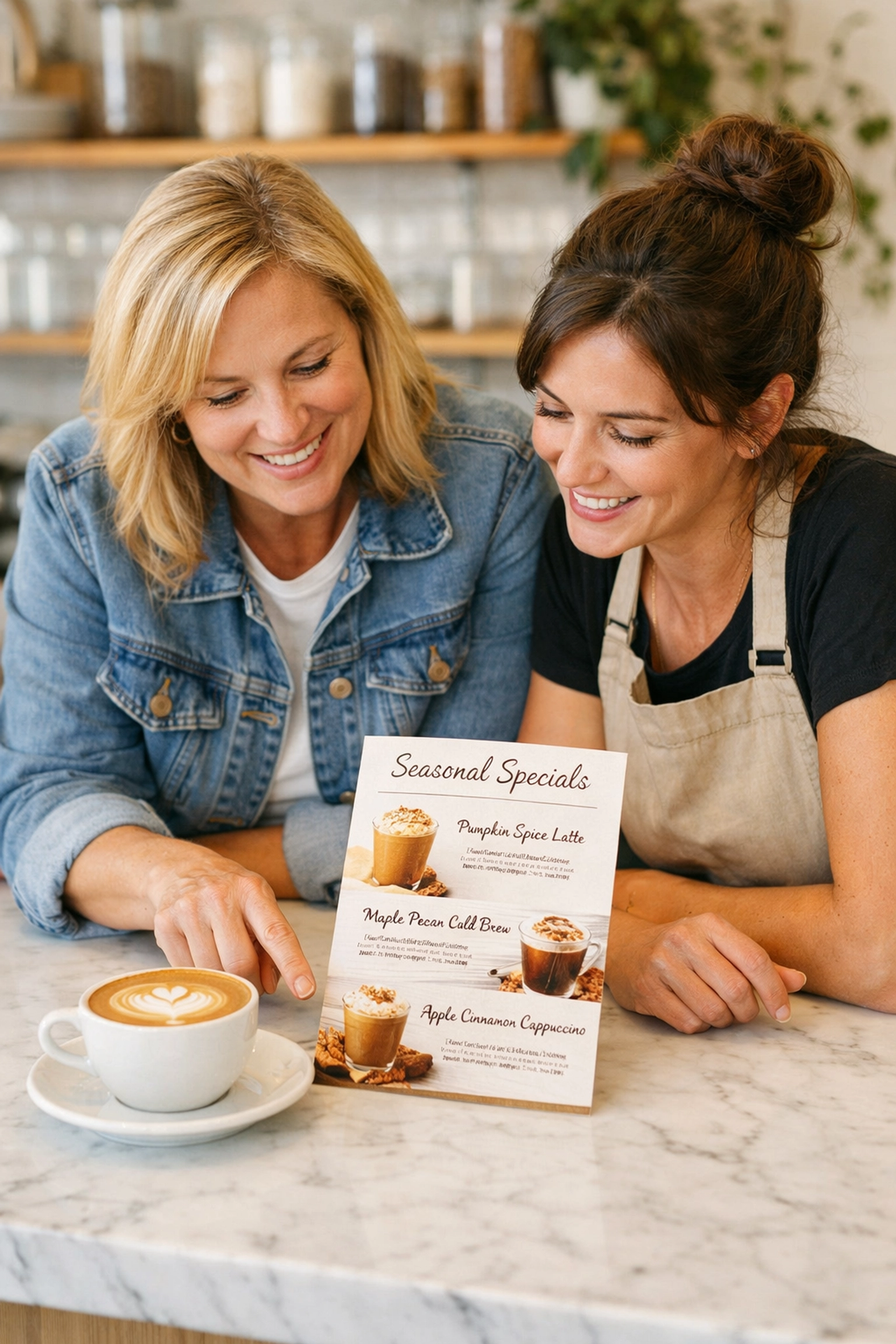 A coffee shop owner and trainer discussing menu development and specialty coffee services.