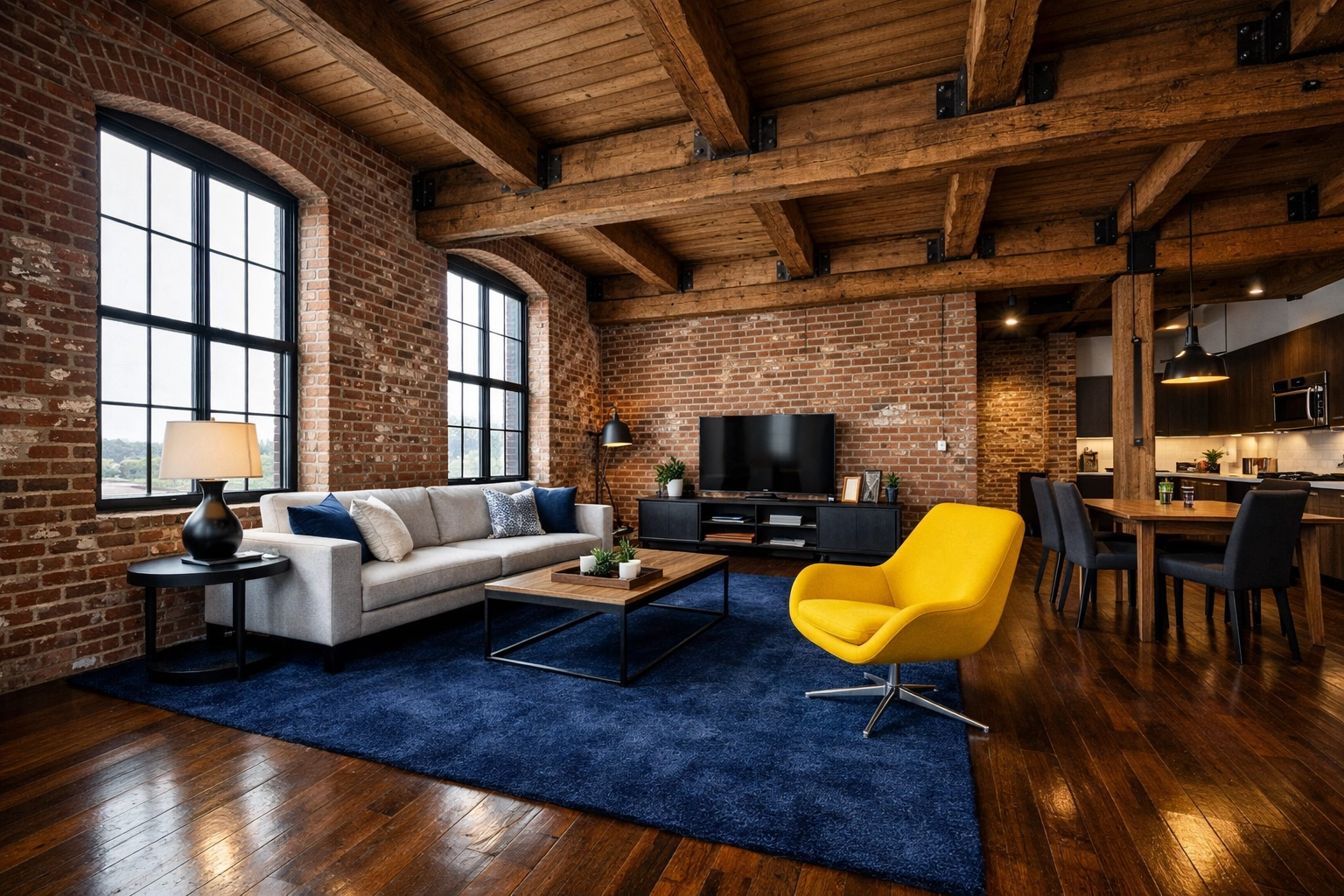 A beautifully cleaned industrial mill loft in Lowell with exposed brick and polished dark wood floors.