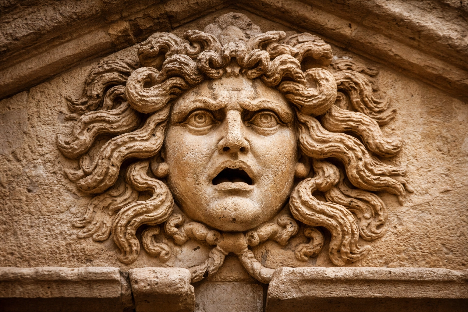 Close-up of the Gorgon's head sculpture at the Roman Baths temple, revealing ancient Roman craftsmanship in Bath.