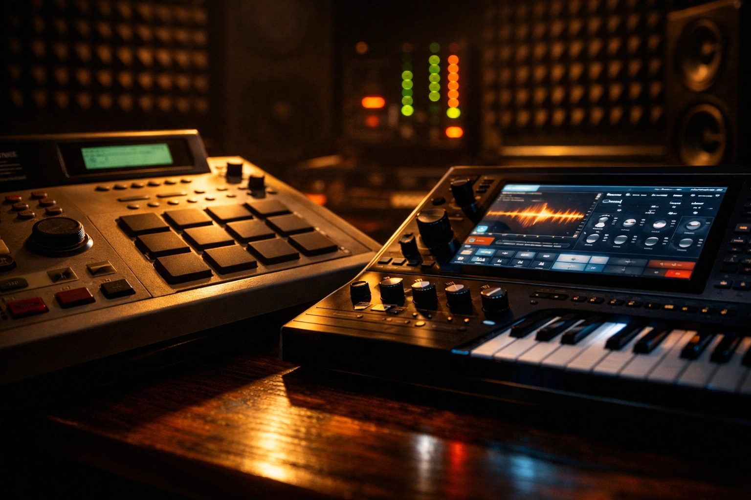 Vintage sampler next to a modern digital synth on a studio desk showing the evolution of music production.