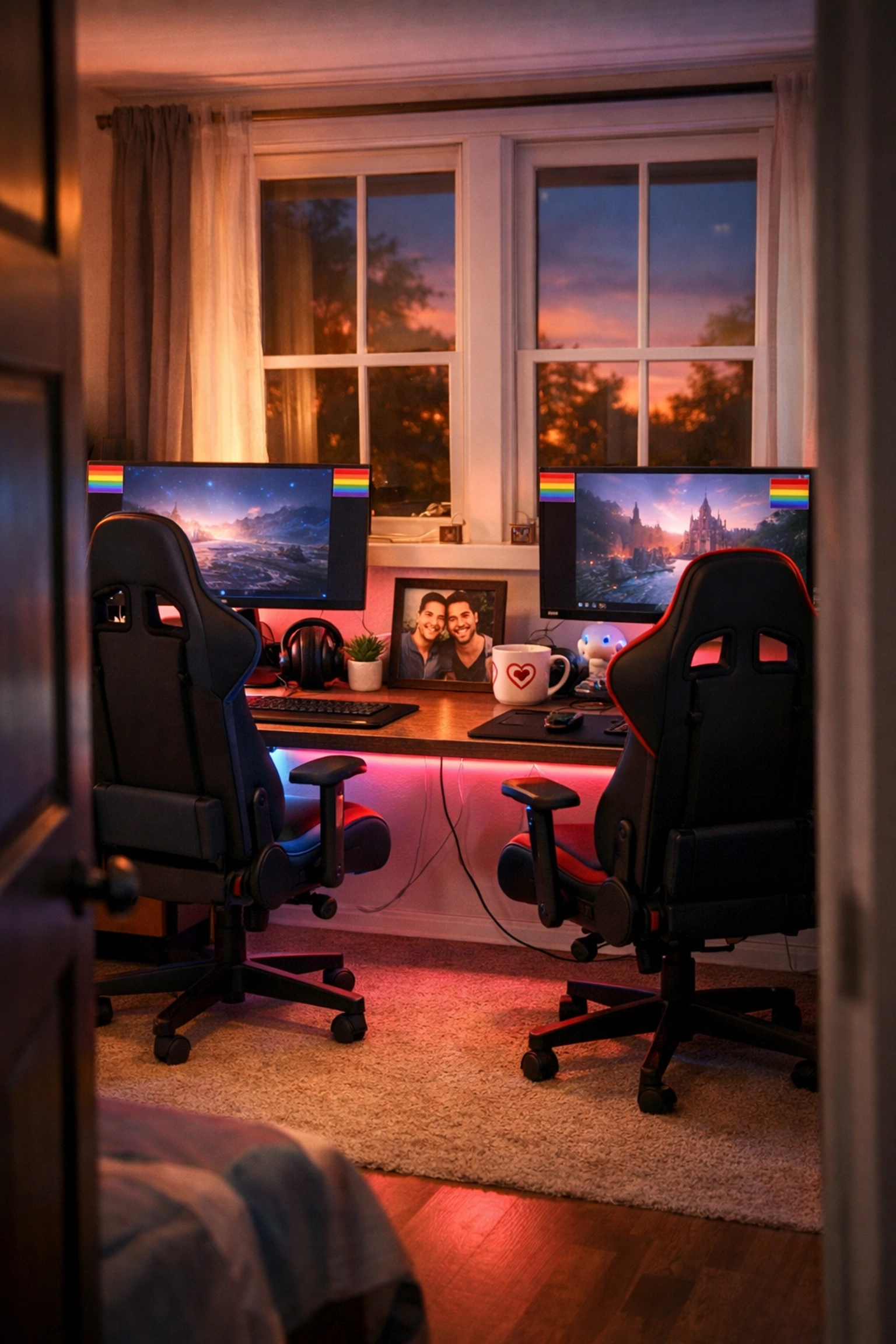 Shared gaming room with dual setups showing a gay couple's life built together