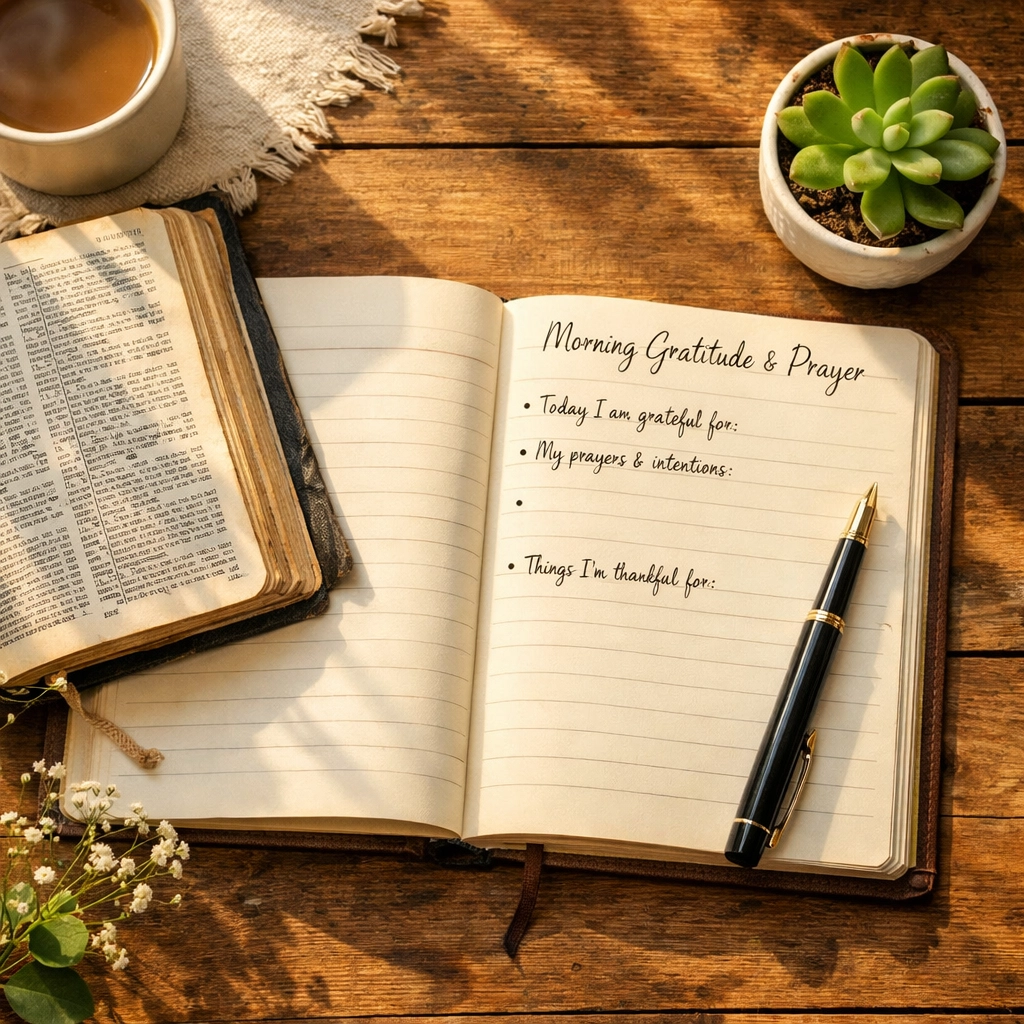 Morning prayer journal with Bible and coffee for gratitude before reading news