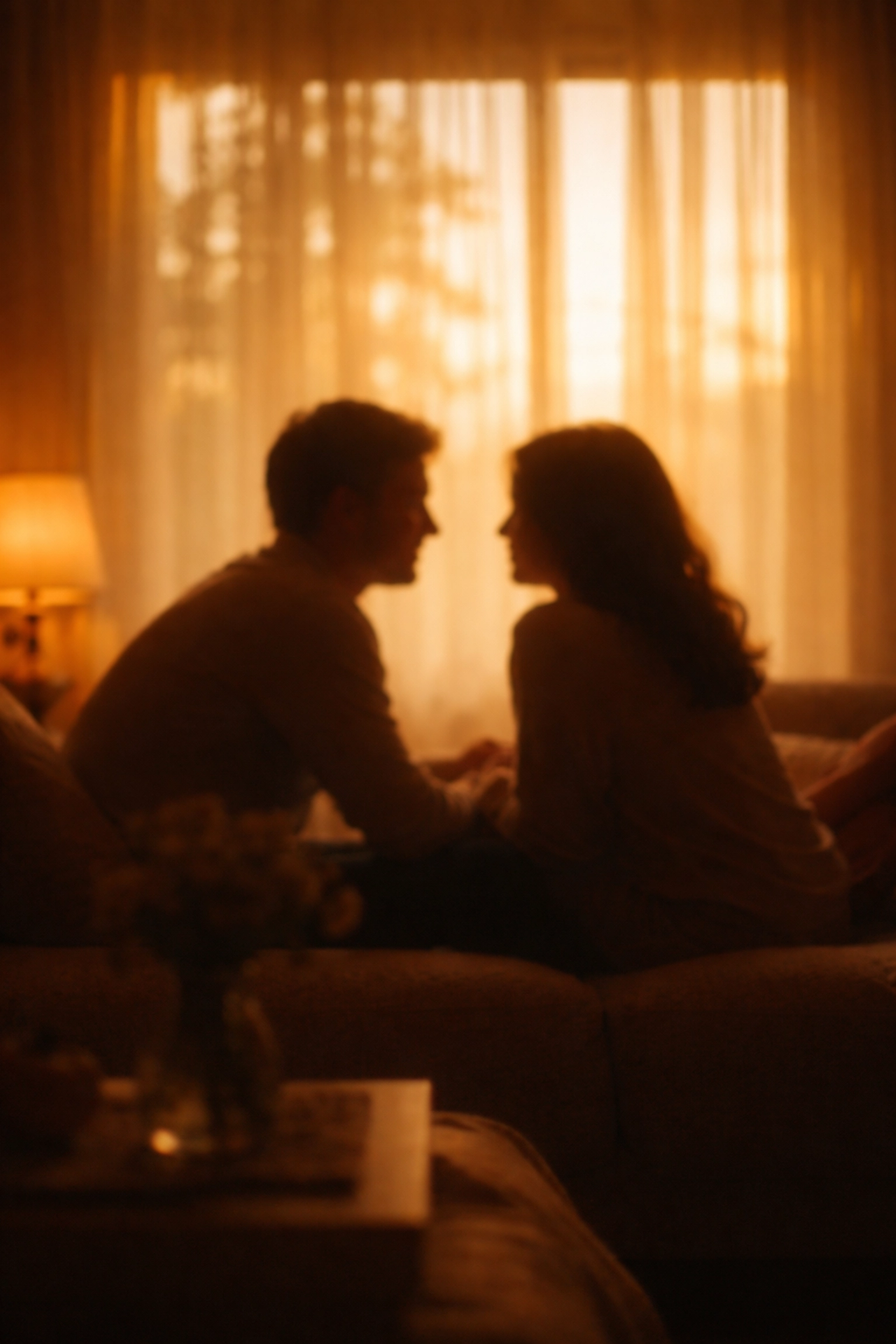 Összebújó pár sziluettje a kanapén, meghitt beszélgetés az online szexuálterápia témájában