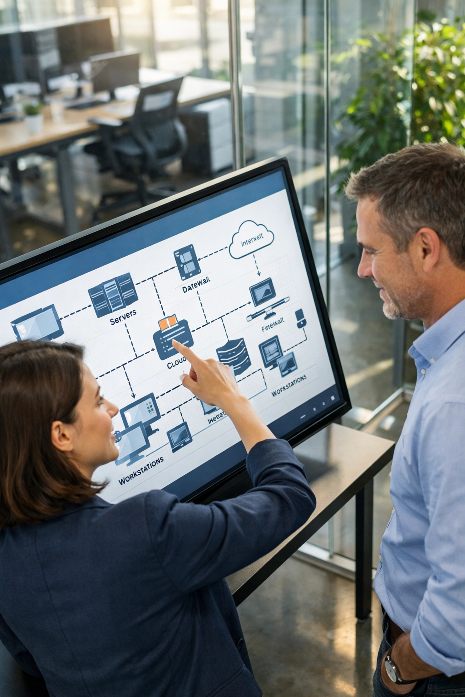 IT professionals collaborating on a network map to ensure ServiceNow ITOM and ITAM asset visibility.