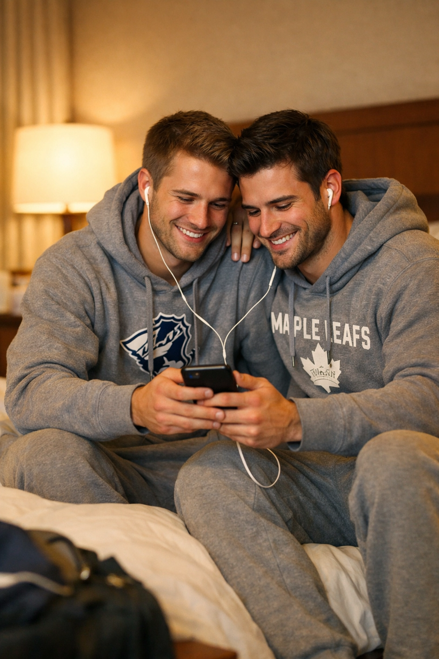 Gay hockey players sharing an intimate moment in a hotel room, reflecting the forced proximity trope.