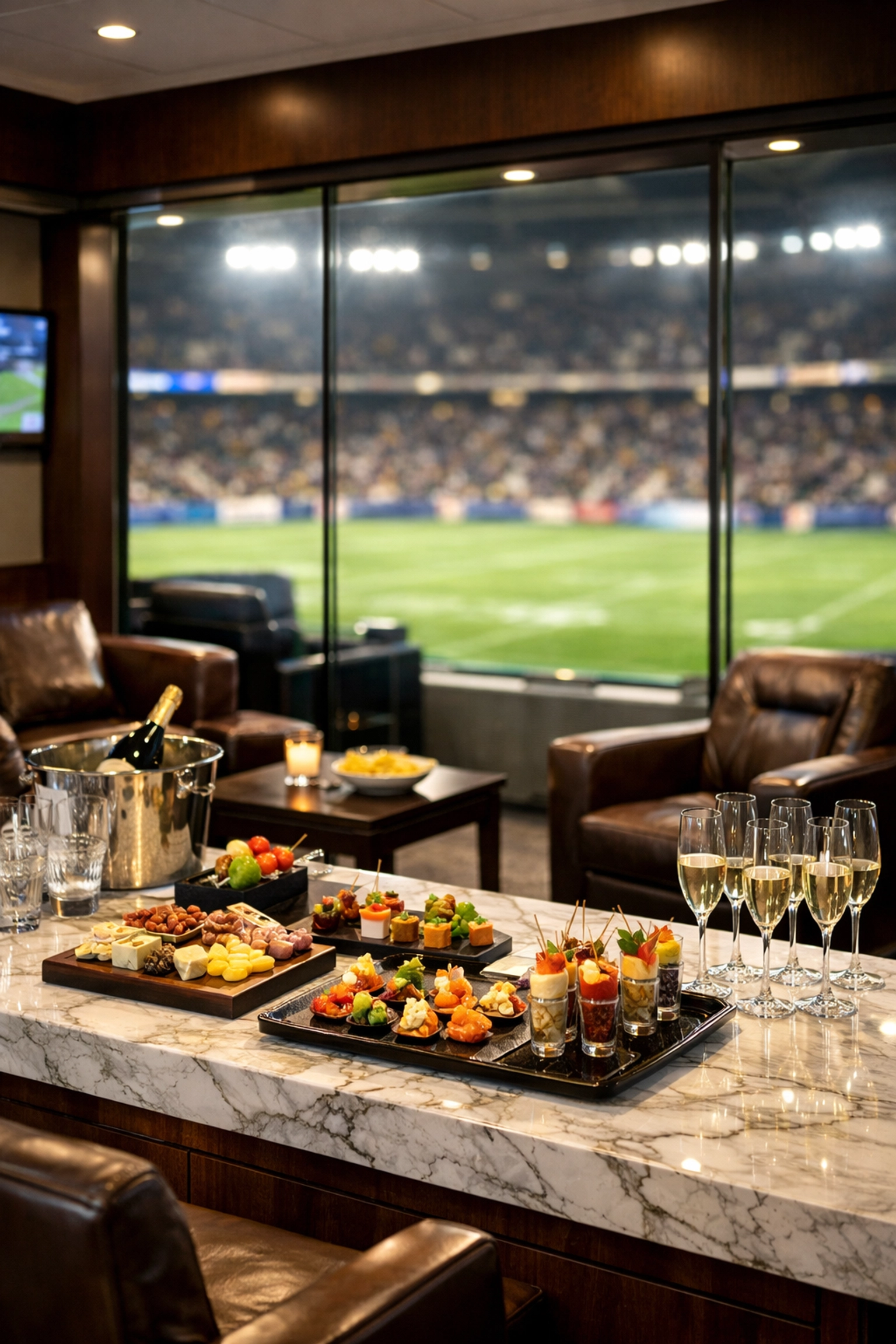A luxury Super Bowl stadium suite with gourmet catering prepared for high-level corporate hospitality.