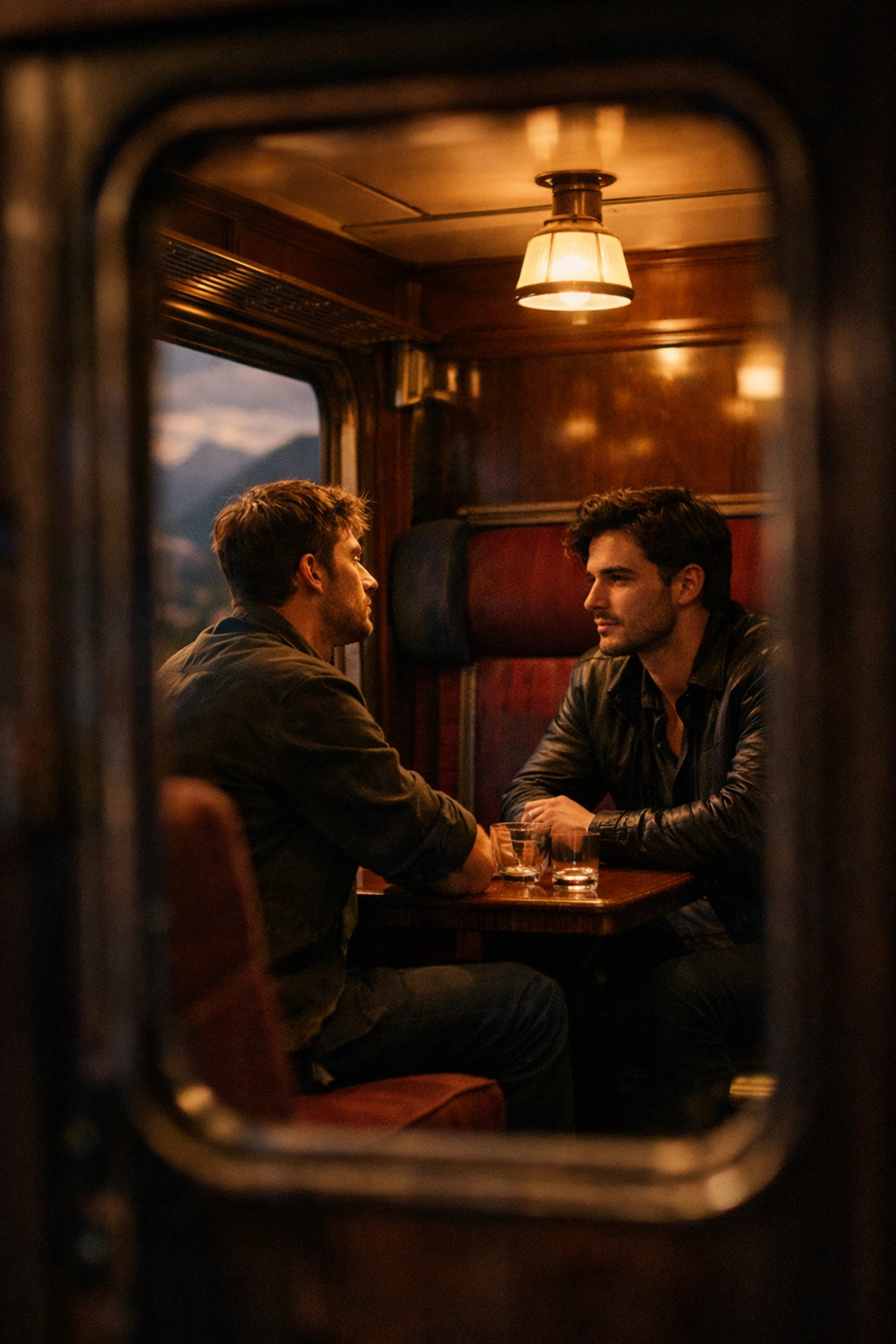 Two men meeting on a Swiss train at night in an MM romance strangers-to-lovers moment