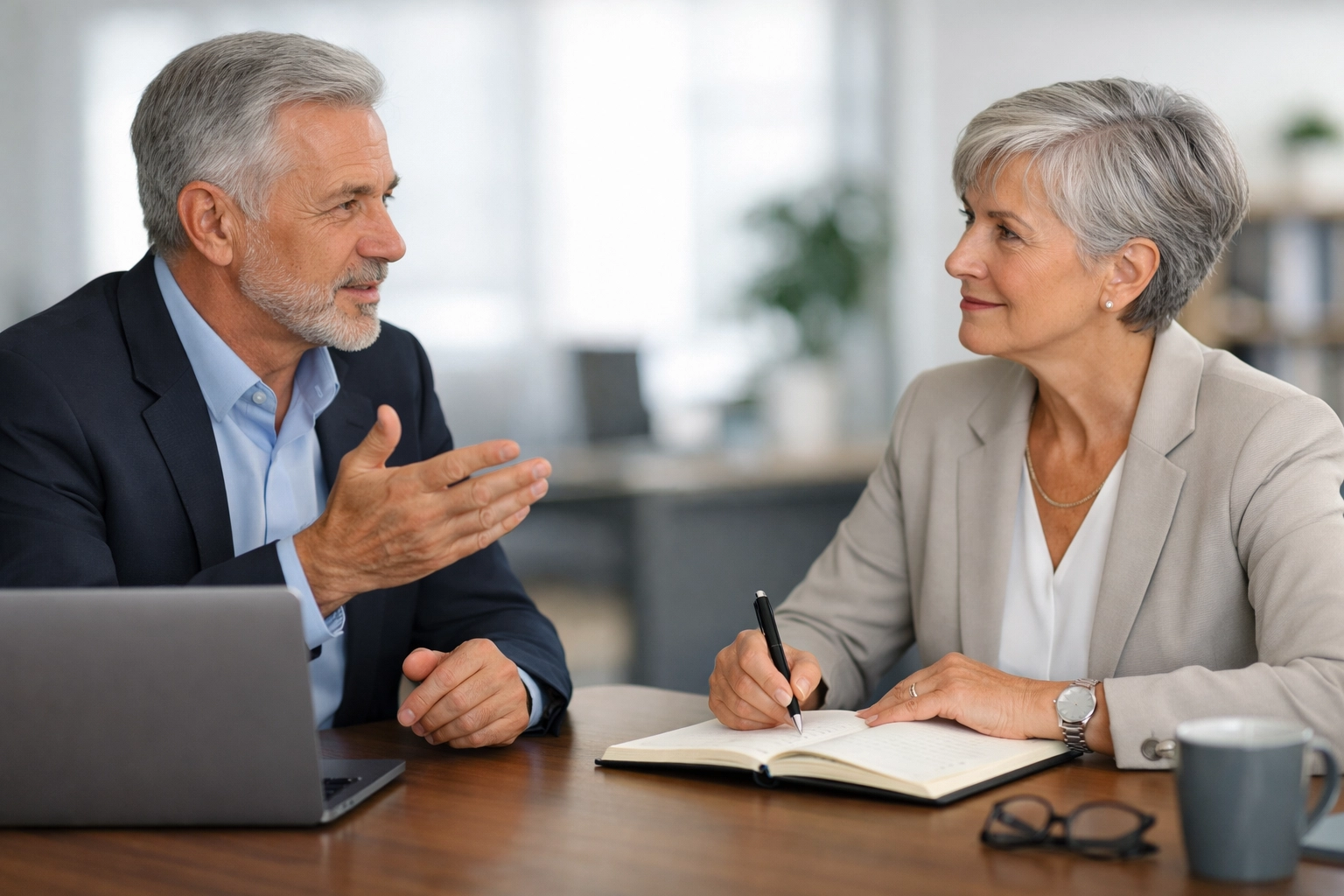 Retirement income planning consultation between advisor and client discussing guaranteed strategies