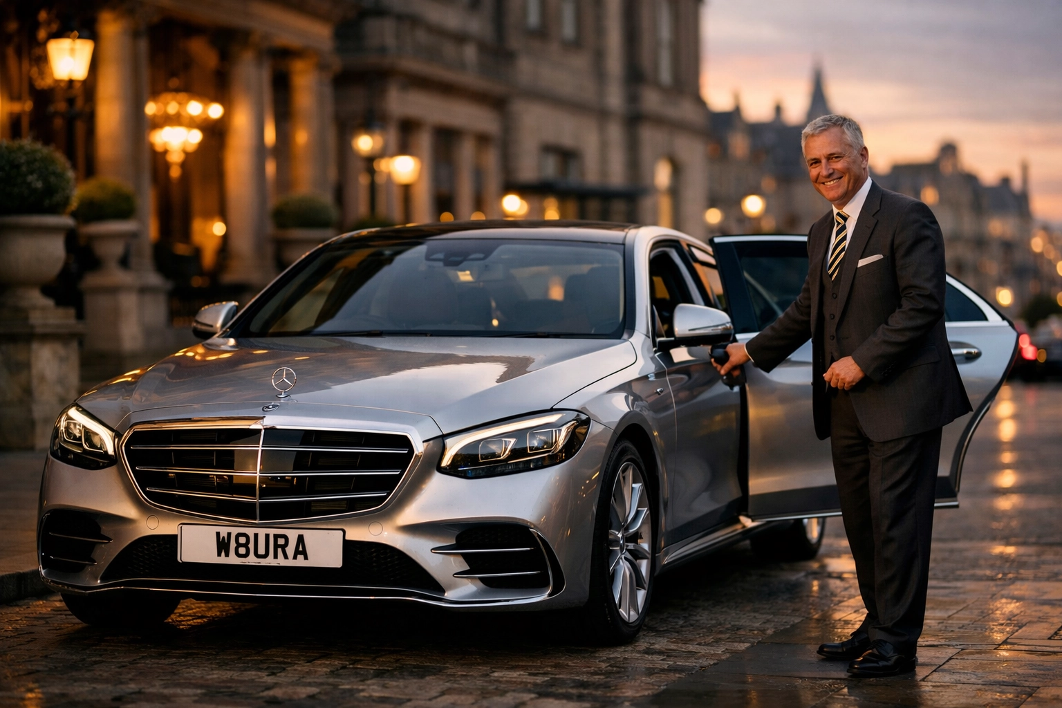 Silver Mercedes-Benz S-Class W223 chauffeur airport pick-up