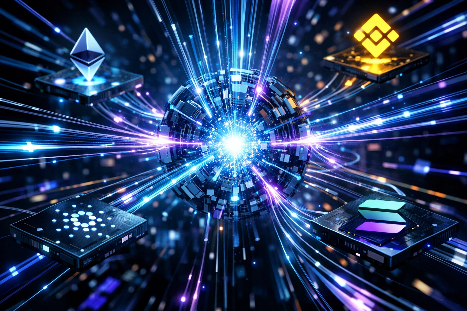 AI-driven payment engine routing transactions across multiple blockchain networks for fast settlement.