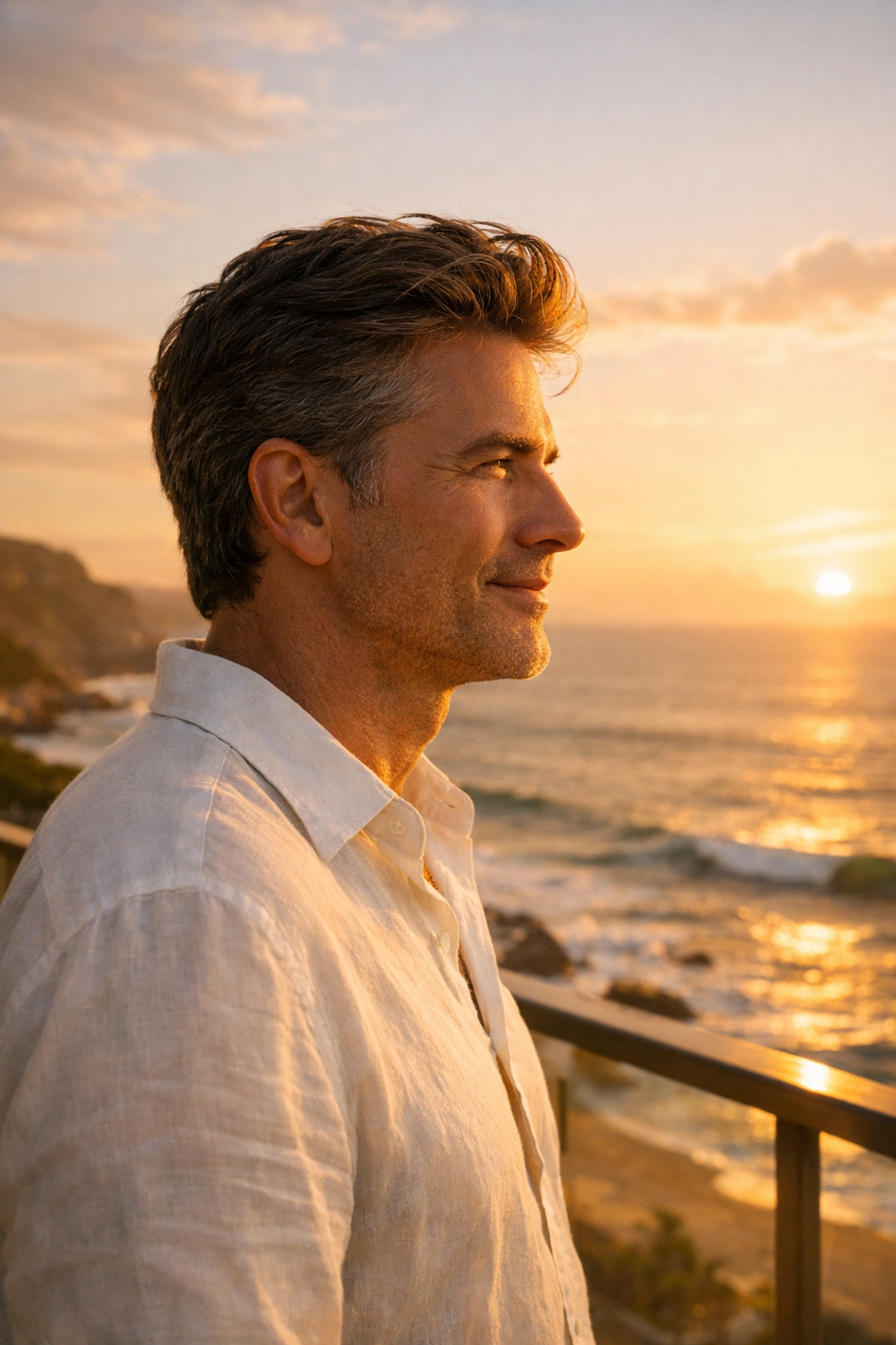 Confident man showing successful hair restoration and vitality at a Boca Raton coastal setting.