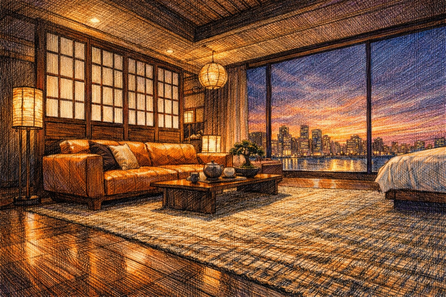 Boutique hotel interior design featuring a suite with Japanese-inspired architectural elements.