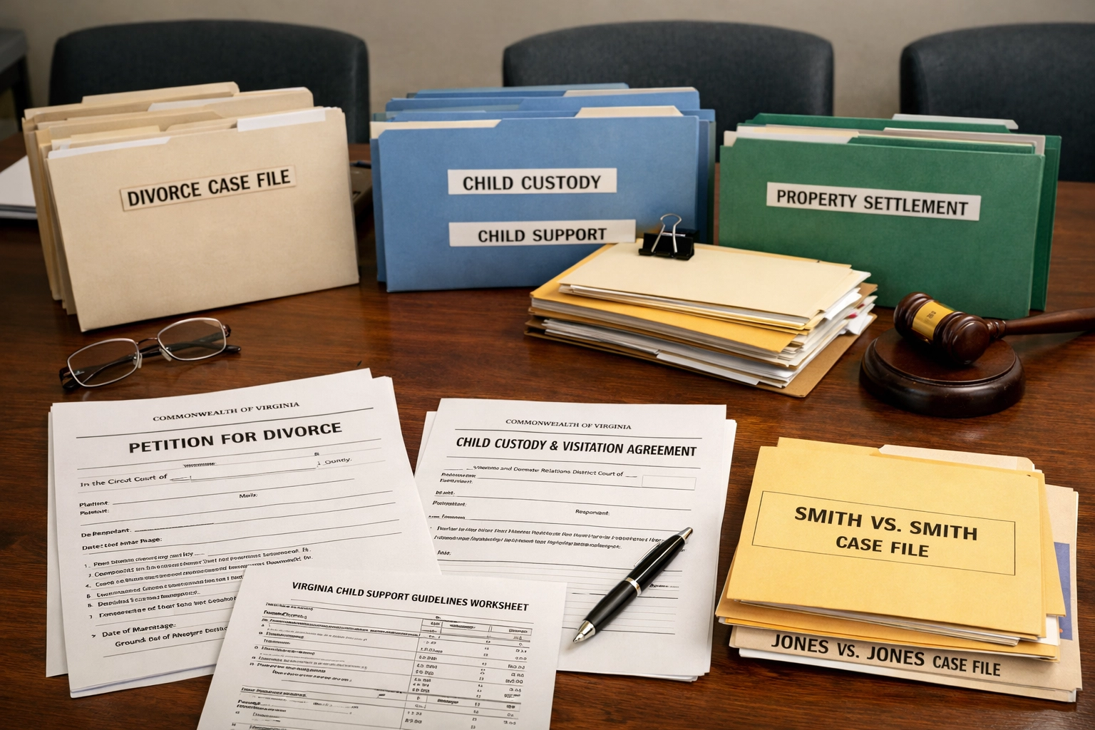 Virginia family law case file folders and court-ready documents on a conference table, no people