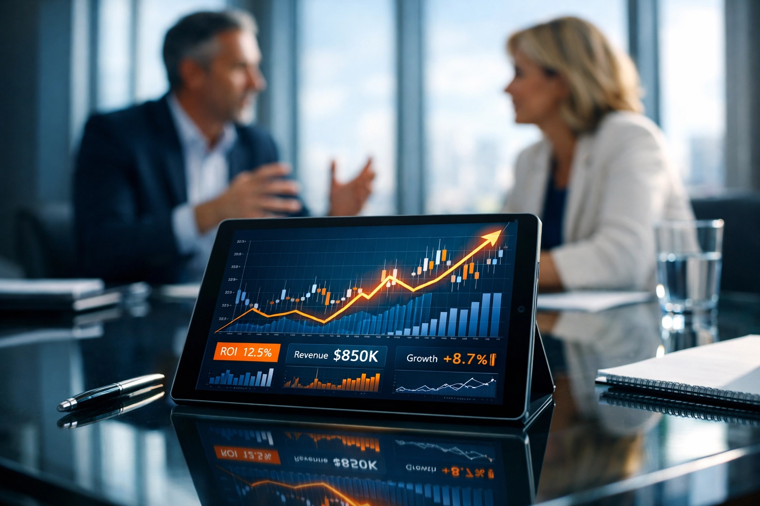 Business professionals reviewing financial charts showing value drivers that increase company valuation