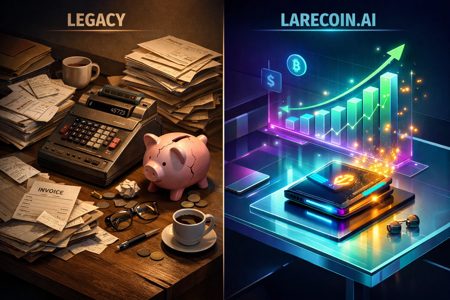 Comparing high legacy merchant fees with Larecoin.ai digital payment systems to slash business processing costs.
