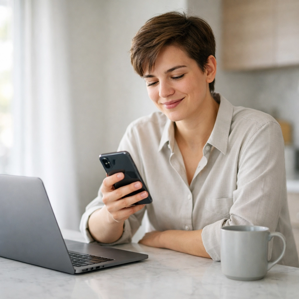 A relieved professional using a smartphone to secure payday loans Alberta in a modern kitchen.