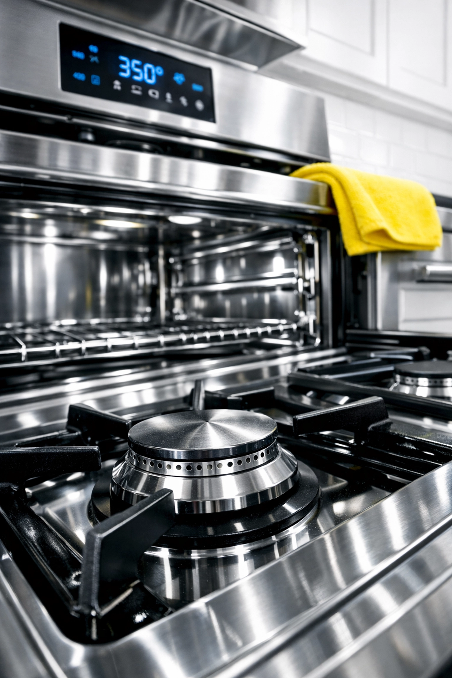 Deeply cleaned stainless steel oven and stovetop showing professional move-out cleaning results.