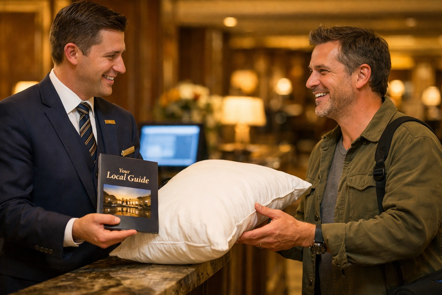 Hotel concierge providing personalized hospitality to a guest with background AI support.
