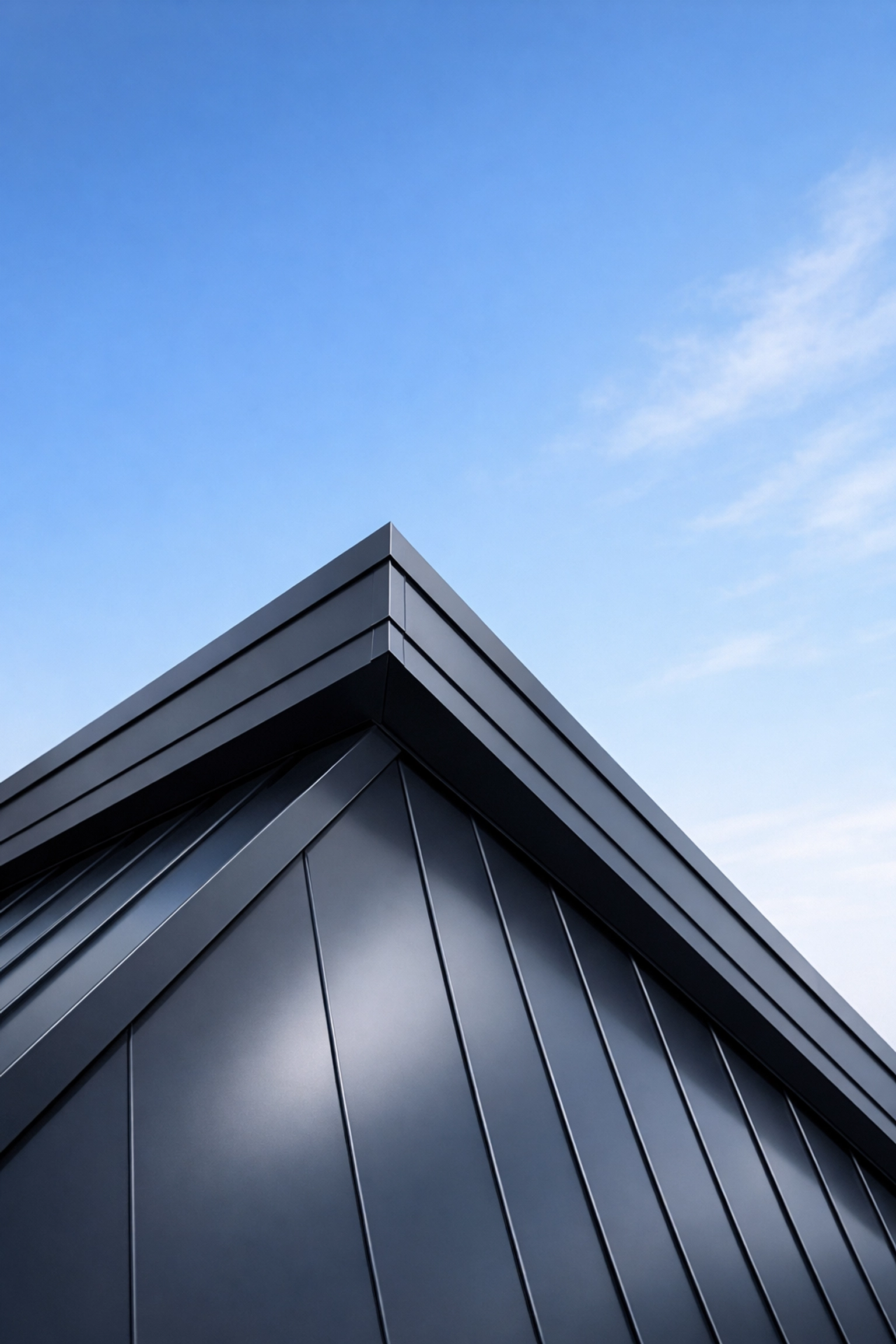 Modern metal roof restoration in satin charcoal showing crisp architectural lines against a clear sky.