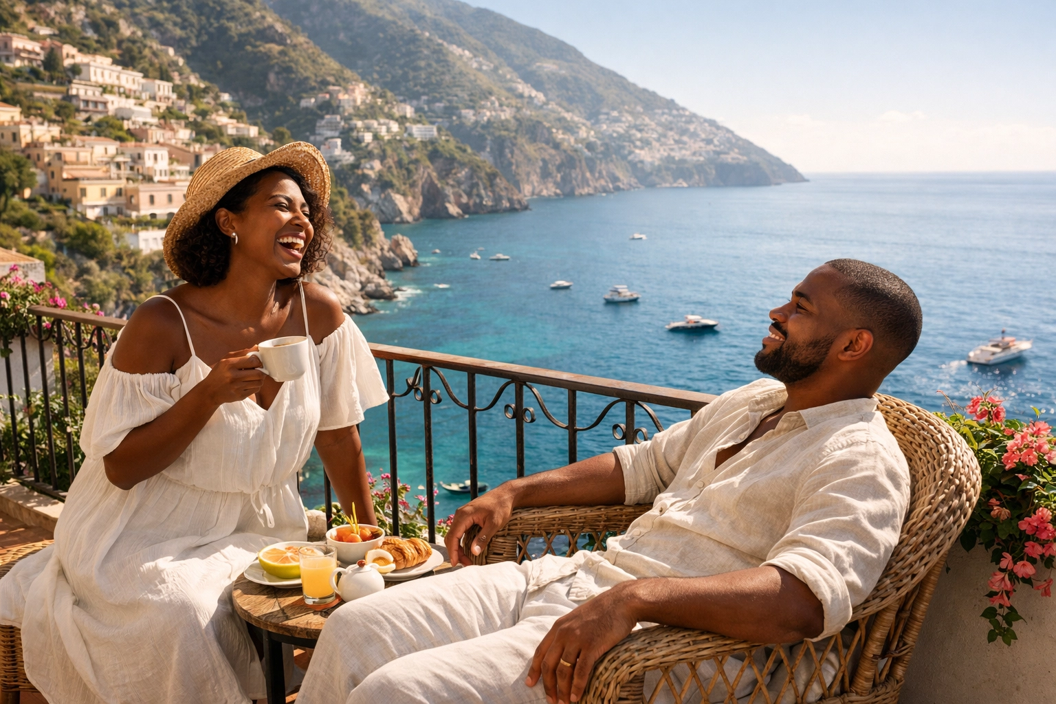 Couple enjoying a stress-free custom travel itinerary on a balcony overlooking the Amalfi Coast.