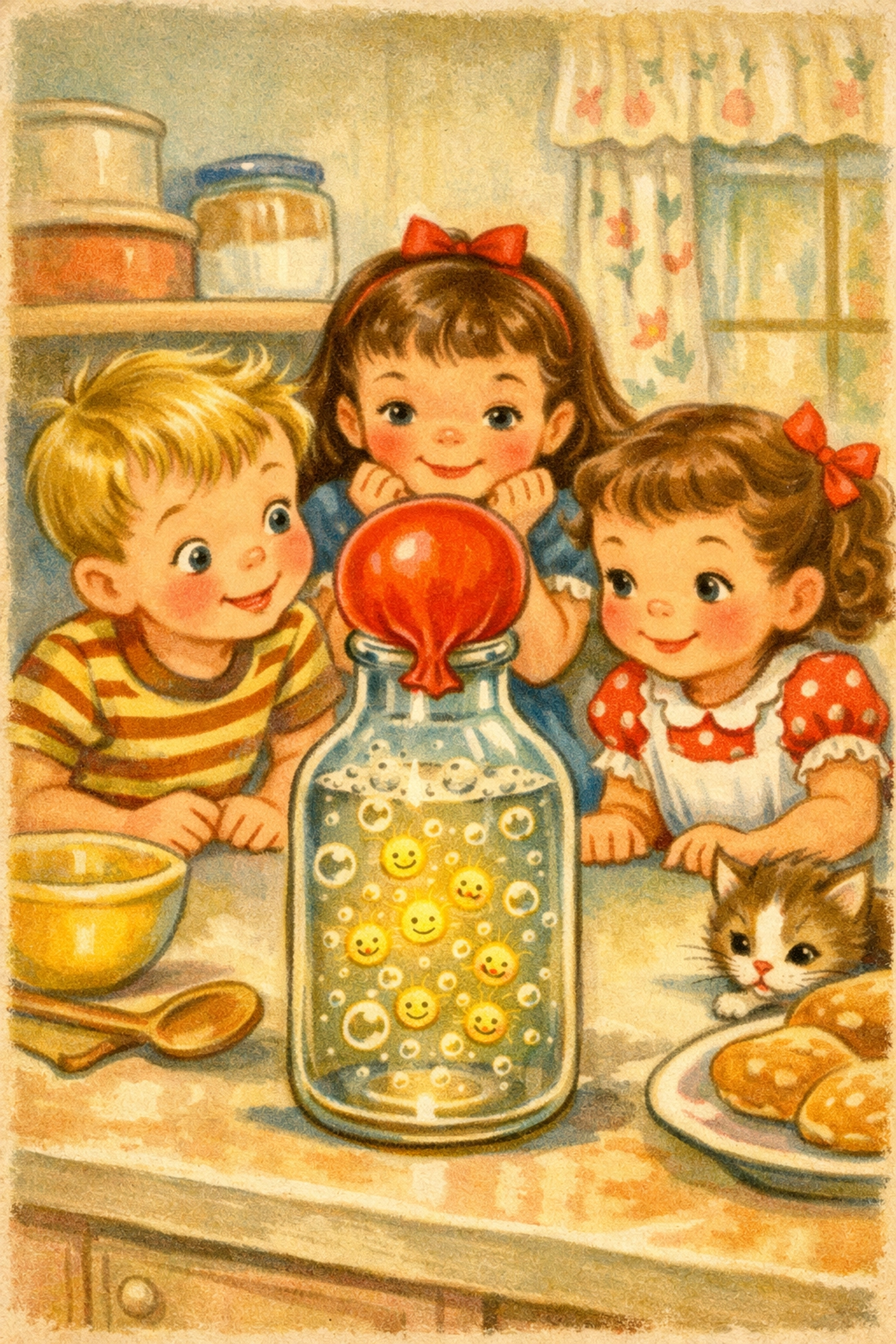 Children observing yeast balloon experiment with fermenting bottle and inflating balloon