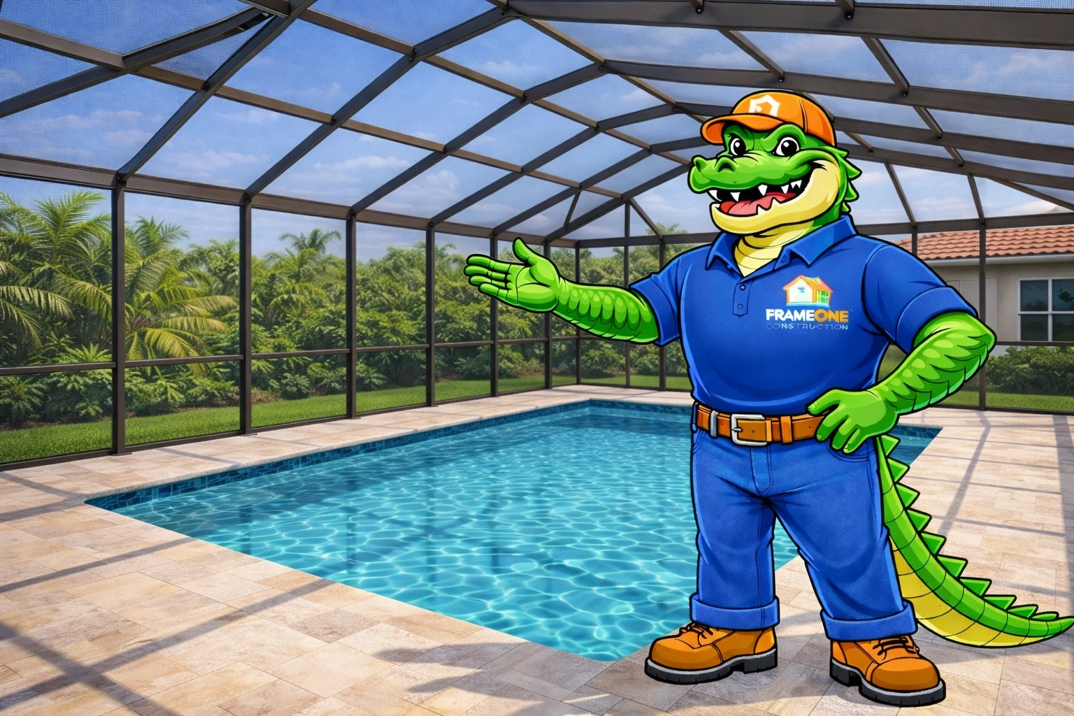 Official mascot Al E. Gator standing proudly in his full FrameOne uniform on the pool deck inside a structurally sound, fully enclosed Mansard-style bronze aluminum pool screen enclosure that completely surrounds the pool and deck, with realistic screen mesh and no wooden structures.