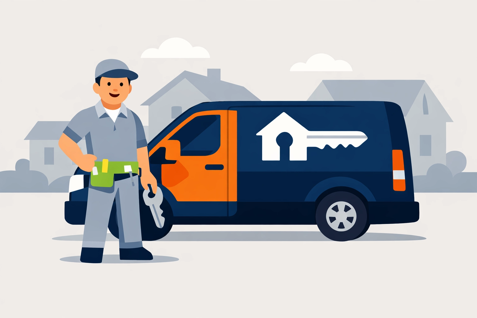 Modern illustration of a professional locksmith and service van representing local Bristol locksmith services.